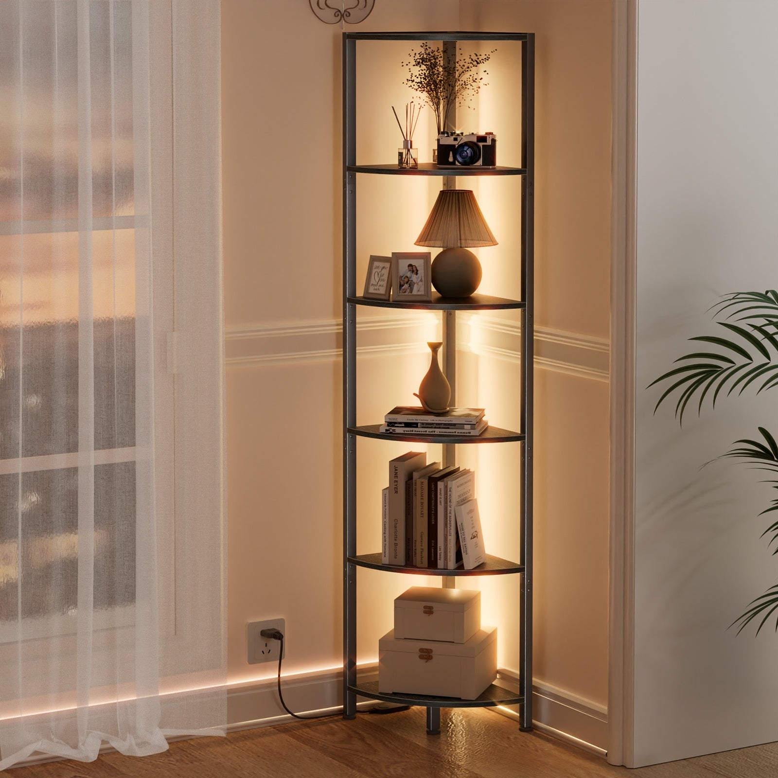 Furnulem 6 Tier Corner Shelf with LED Light, 67.5” Tall Standing Shelf Organizer, Narrow Bookshelf with Storage Rack for Wall Corner, Living Room