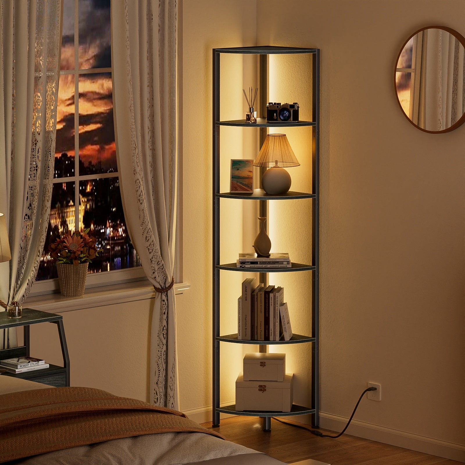Furnulem 6 Tier Corner Shelf with LED Light, 67.5” Tall Standing Shelf Organizer, Narrow Bookshelf with Storage Rack for Wall Corner, Living Room