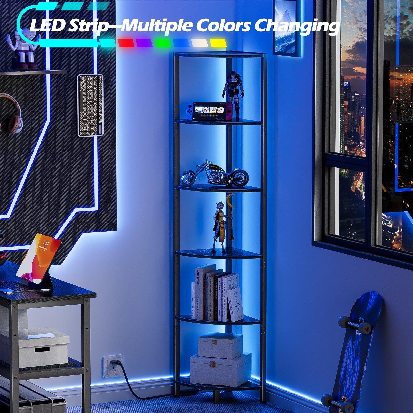 Furnulem 6 Tier Corner Shelf with LED Light, 67.5” Tall Standing Shelf Organizer, Narrow Bookshelf with Storage Rack for Wall Corner, Living Room