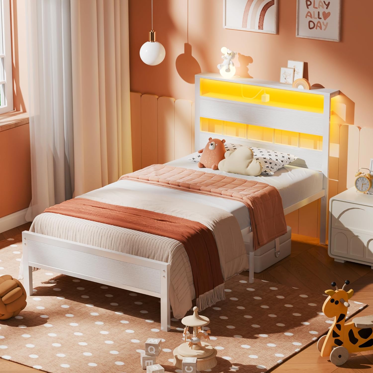 Furnulem Twin Bed Frame with LED Lights & Charging Station, Wood Headboard with Storage, No Box Spring Needed