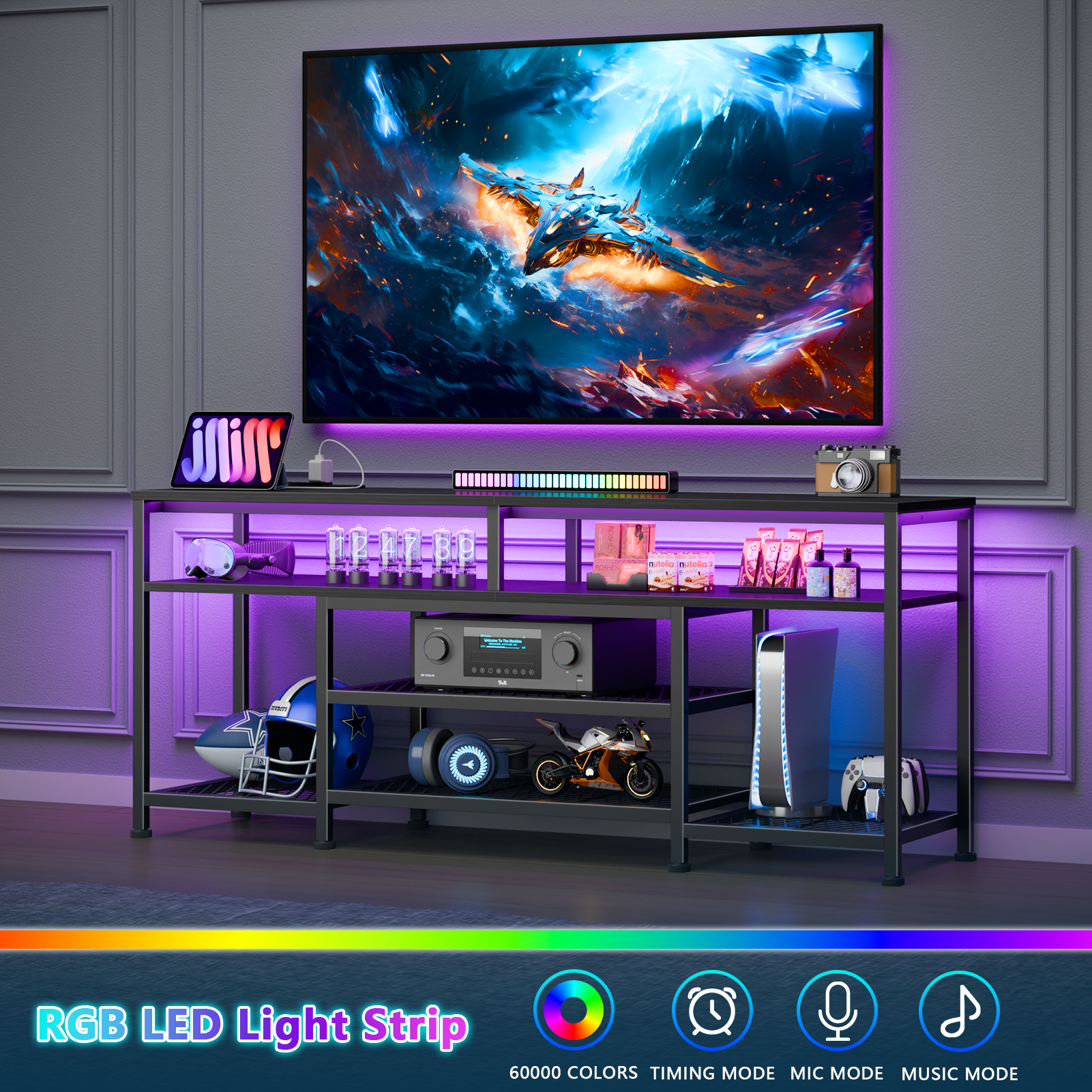 55 Inch Black TV Stand with Charging Station LED Lights Entertainment Center for TVs up to 60 Inch Media Console Storage Shelves Living Room Bedroom
