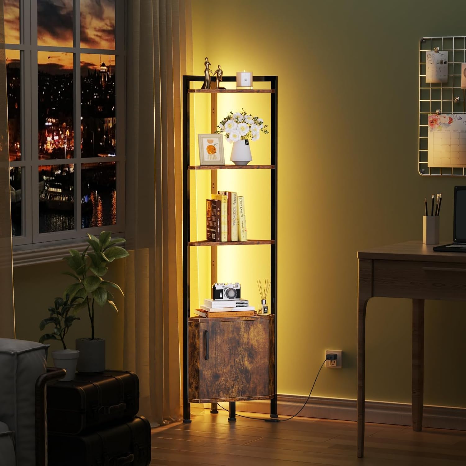 Furnulem 5-Tier Corner Shelf with LED Light, Standing Display Bookshelf with Storage for Bedroom, Living Room, Kitchen