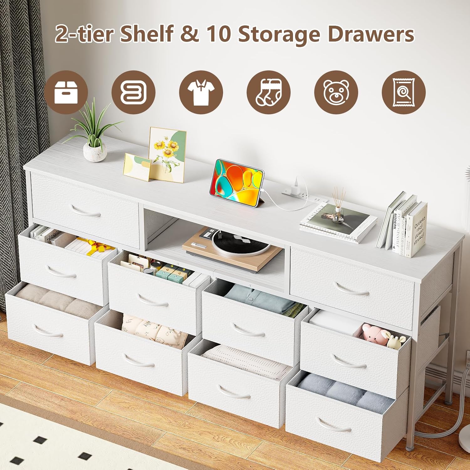 Furnulem 63” long bedroom dressing table suitable for 65 to 75 inch TV dressing table with 10 fabric drawers includes power outlet and LED lighting