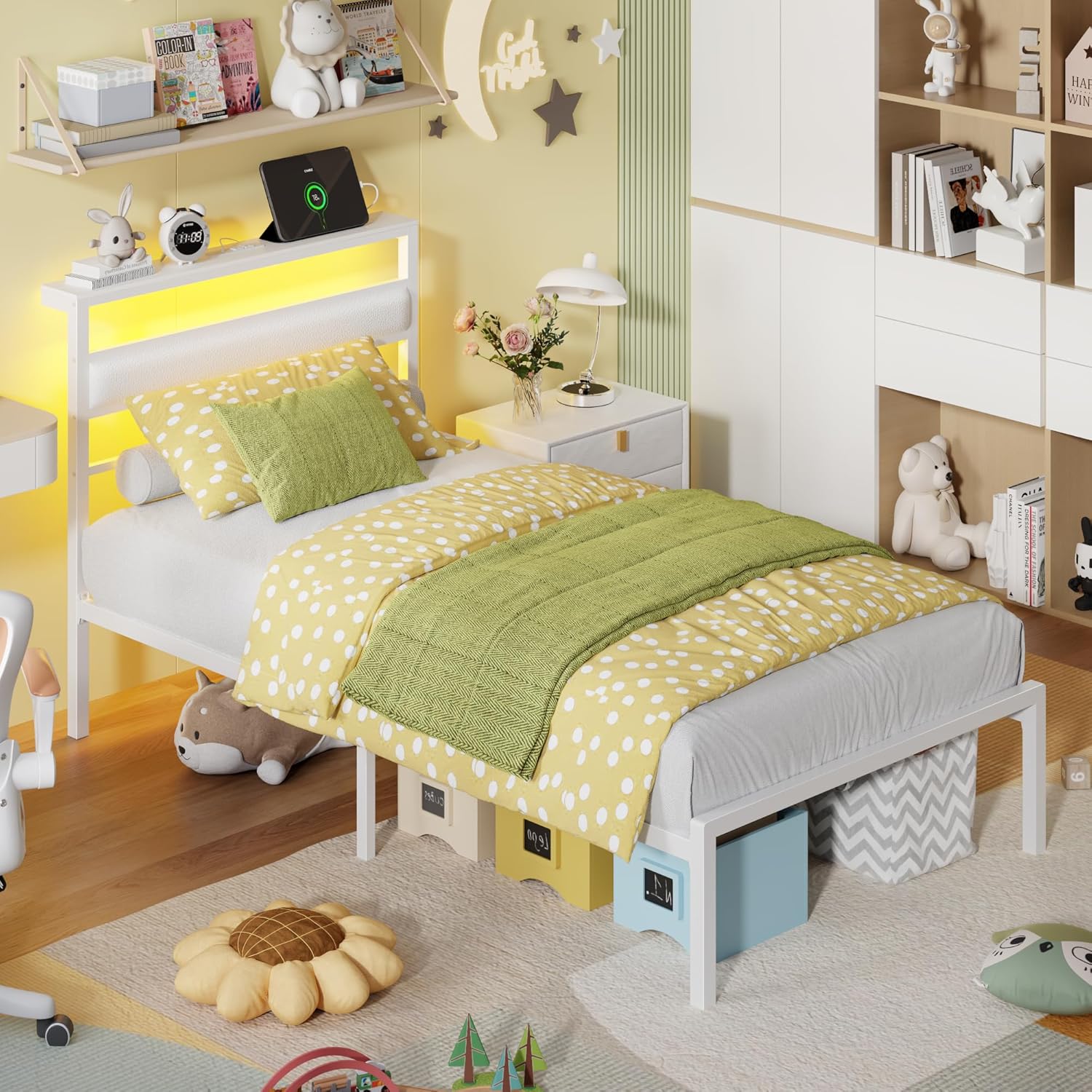 Qwatto Twin Size Bed Frame Kids White Leather Upholstered Bed LED Lights Charging Station Storage Headboard Metal Platform Bed Frames No Box Springs