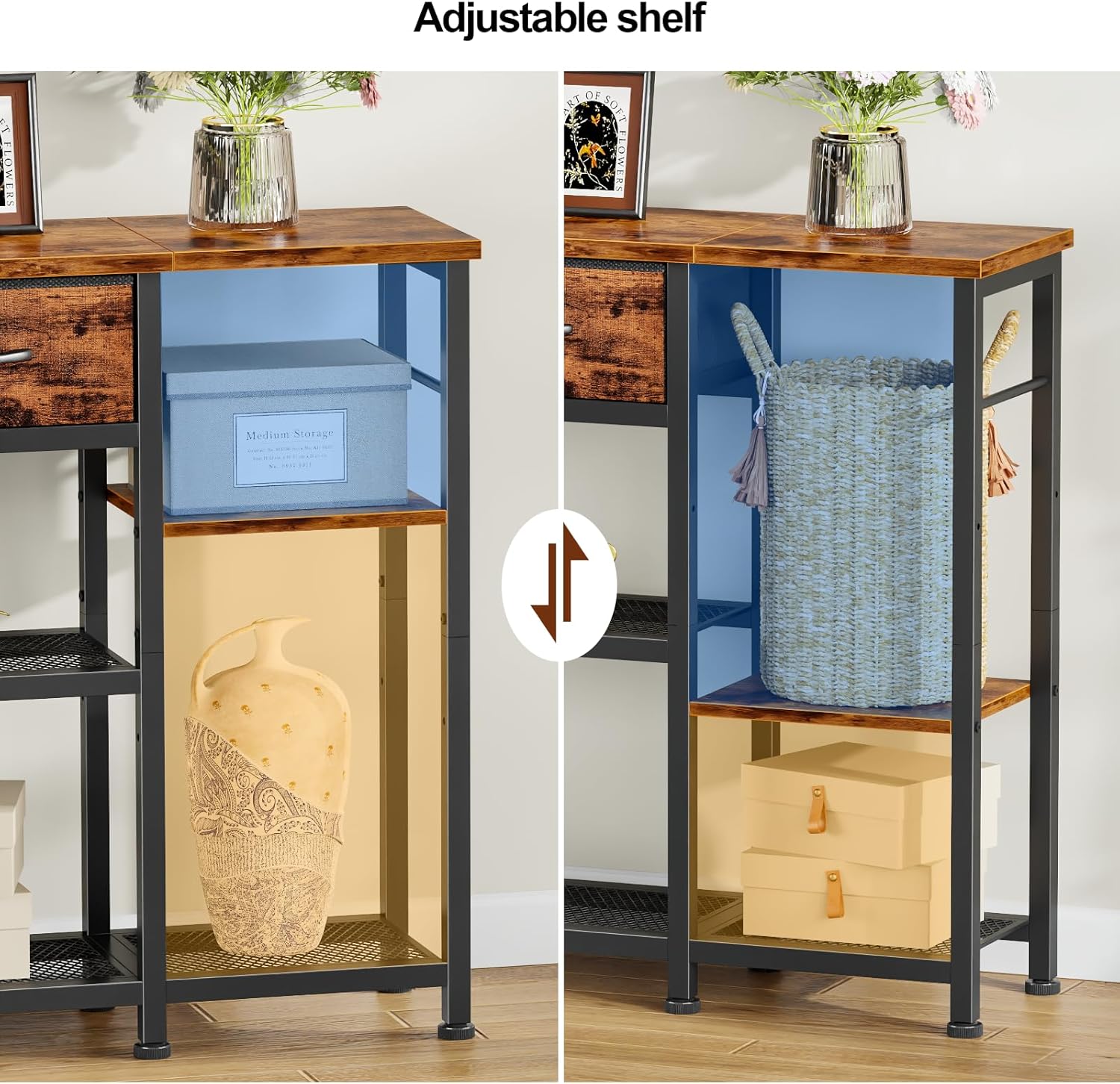 Furnulem 44'' Industrial Entryway Table with Drawers & Shoe Rack, Rustic Console Table with Mesh Shelf