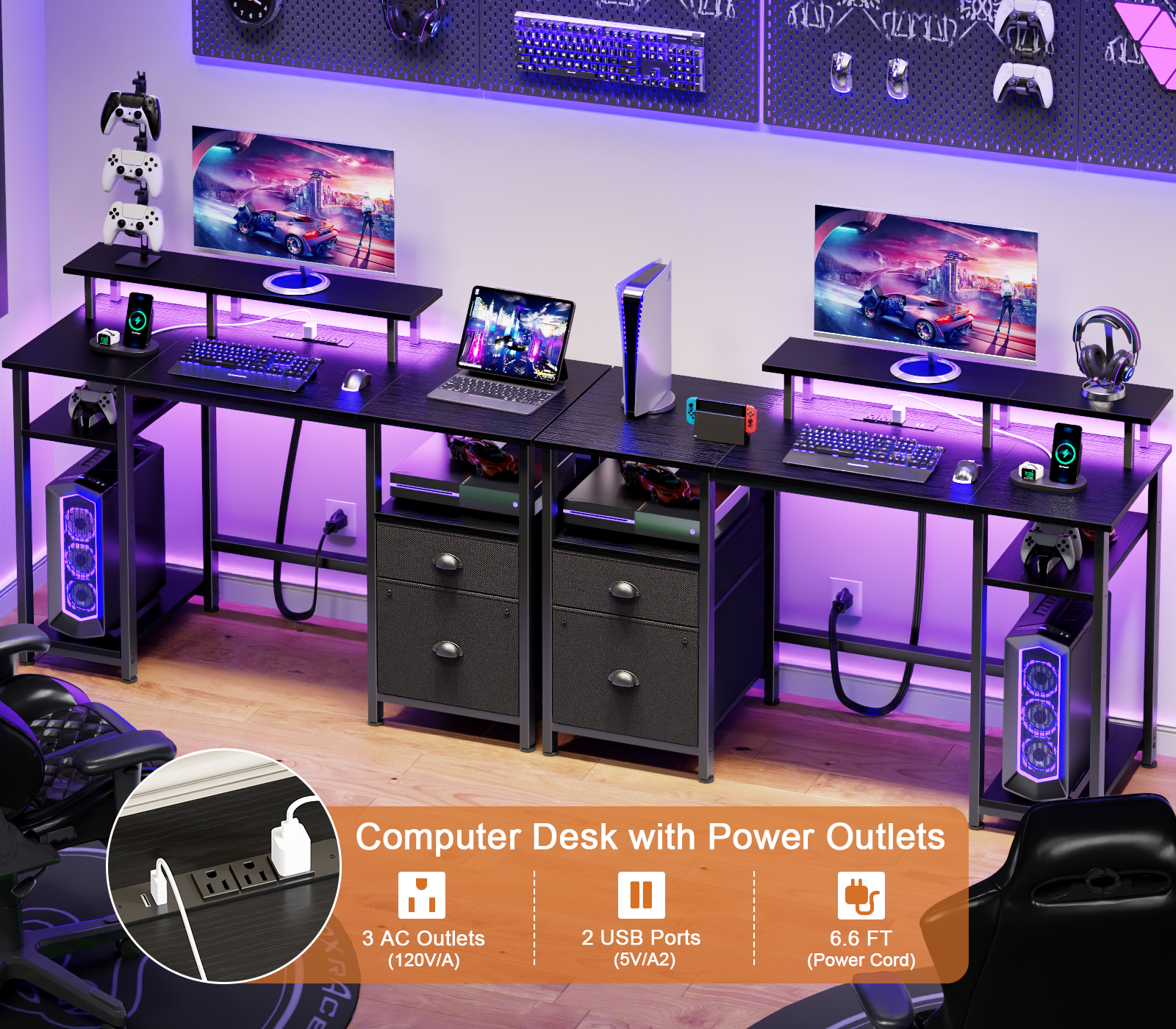 51 Inch Black Reversible Computer Gaming Desk with Monitor Stand File Cabinet Storage Shelves LED Power Outlets for Home Office PC Workstation Table