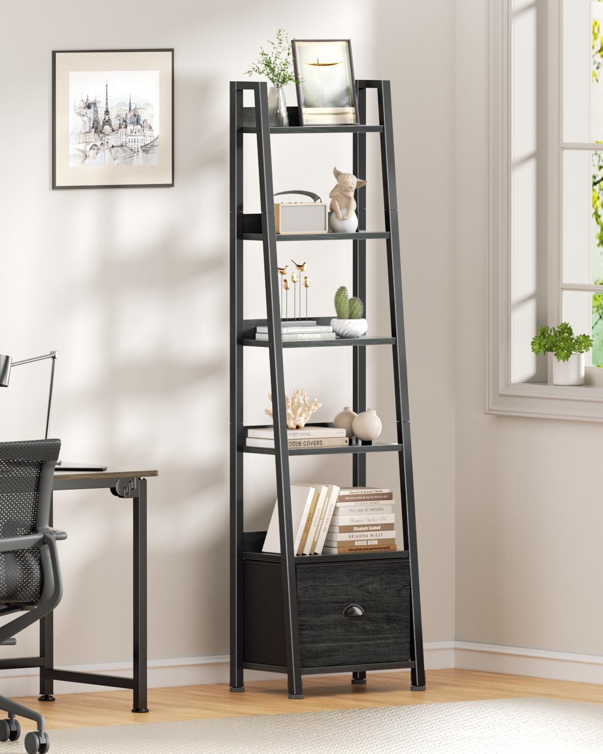 Qwatto Black 6 Tier Ladder Bookshelf with Drawer Tall Industrial Wood Metal Freestanding Storage Rack Etagere Display Bookcase for Home Office Rooms