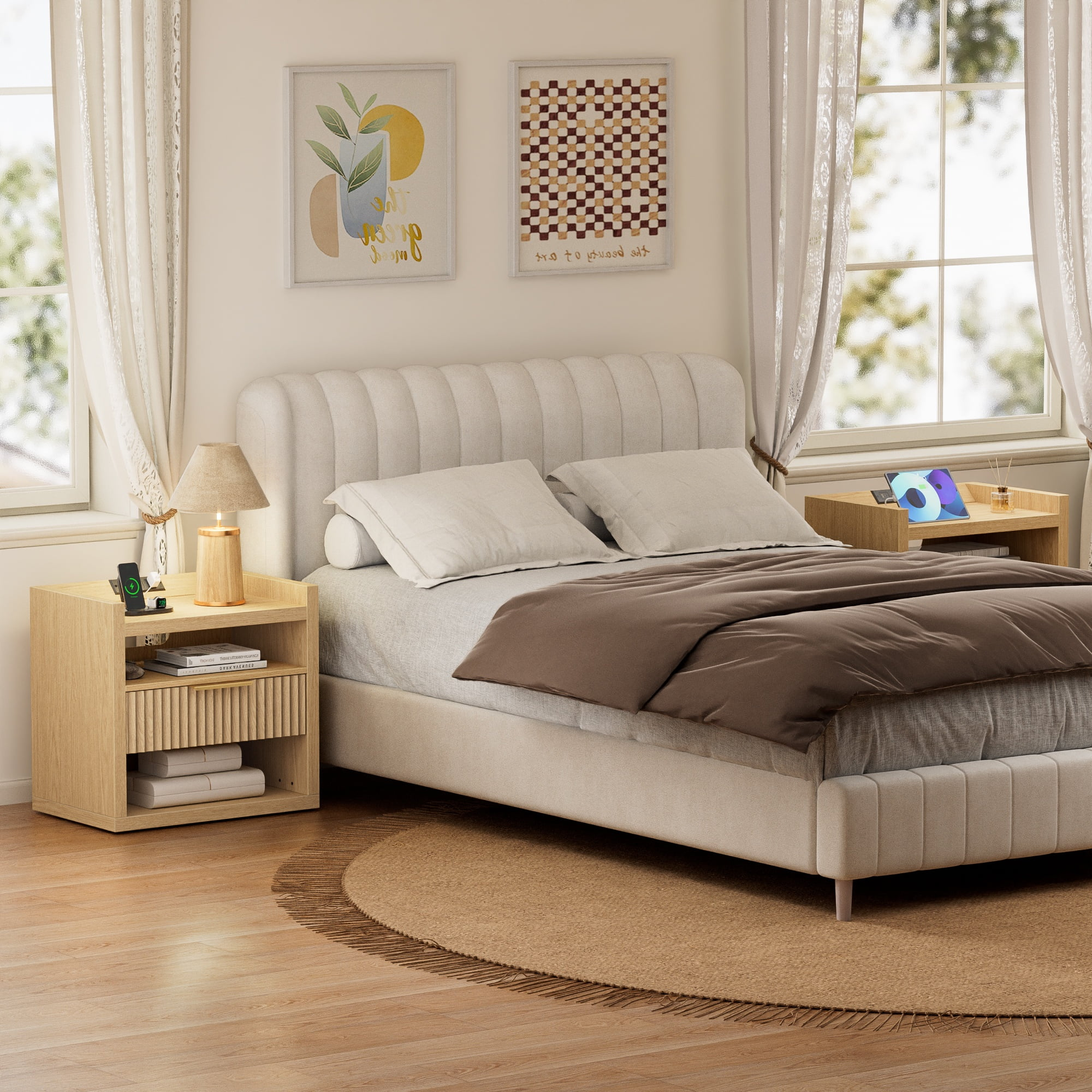 Furnulem Fluted Night Stand with Charging Station 2 Drawer Light Wood nightstand Bedside Table Night Stand for Bedroom End Table for Living Room