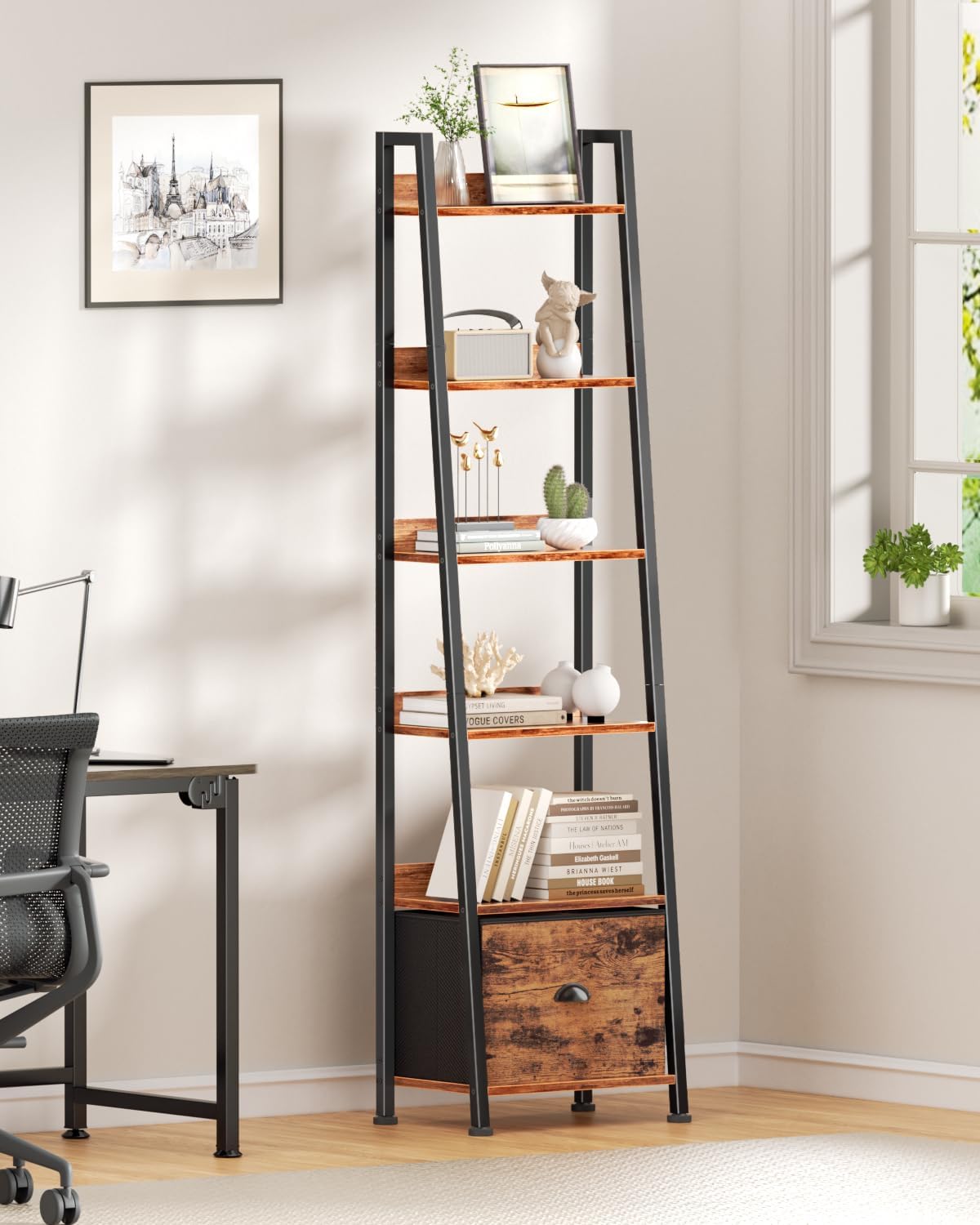 Rustic Brown 6 Tier Ladder Bookshelf with Drawer Tall Industrial Wood Metal Freestanding Storage Rack Etagere Display Bookcase for Home Office Rooms