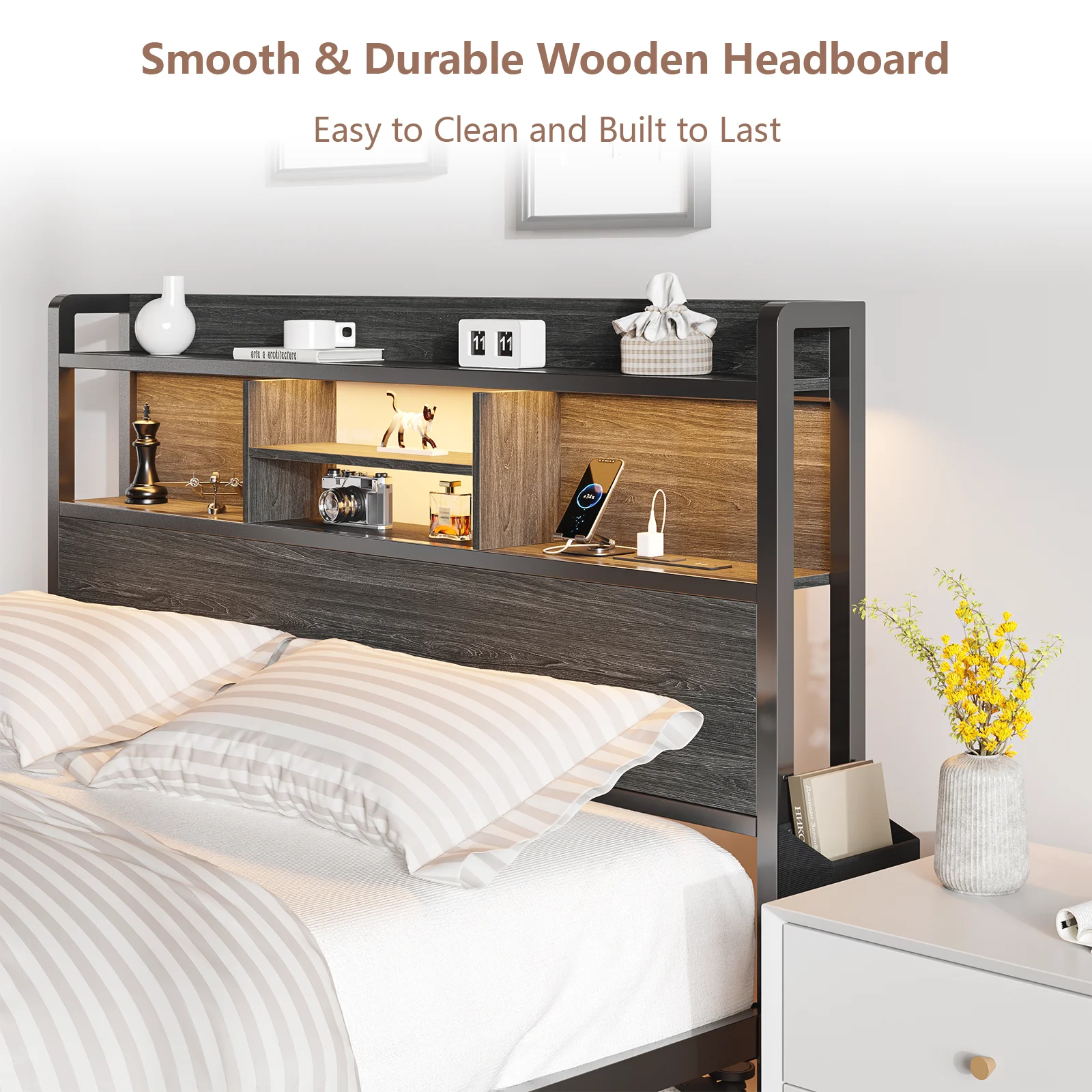 Furnulem Full Size LED Light Bed Frame with Storage Headboard and USB Ports Bed Platform with Drawers