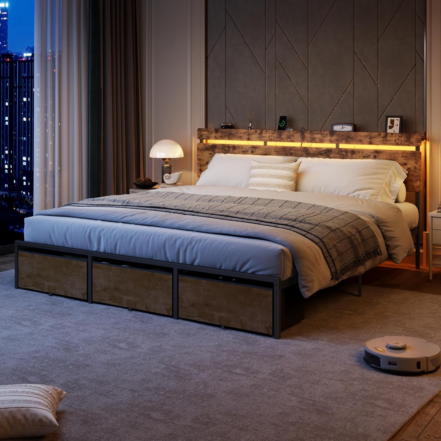 King Size Bed Frame with Wood Headboard, Metal Platform Bed with 3 Storage Drawers Shelf Built-in Charging Station LED Lights No Box Spring Needed