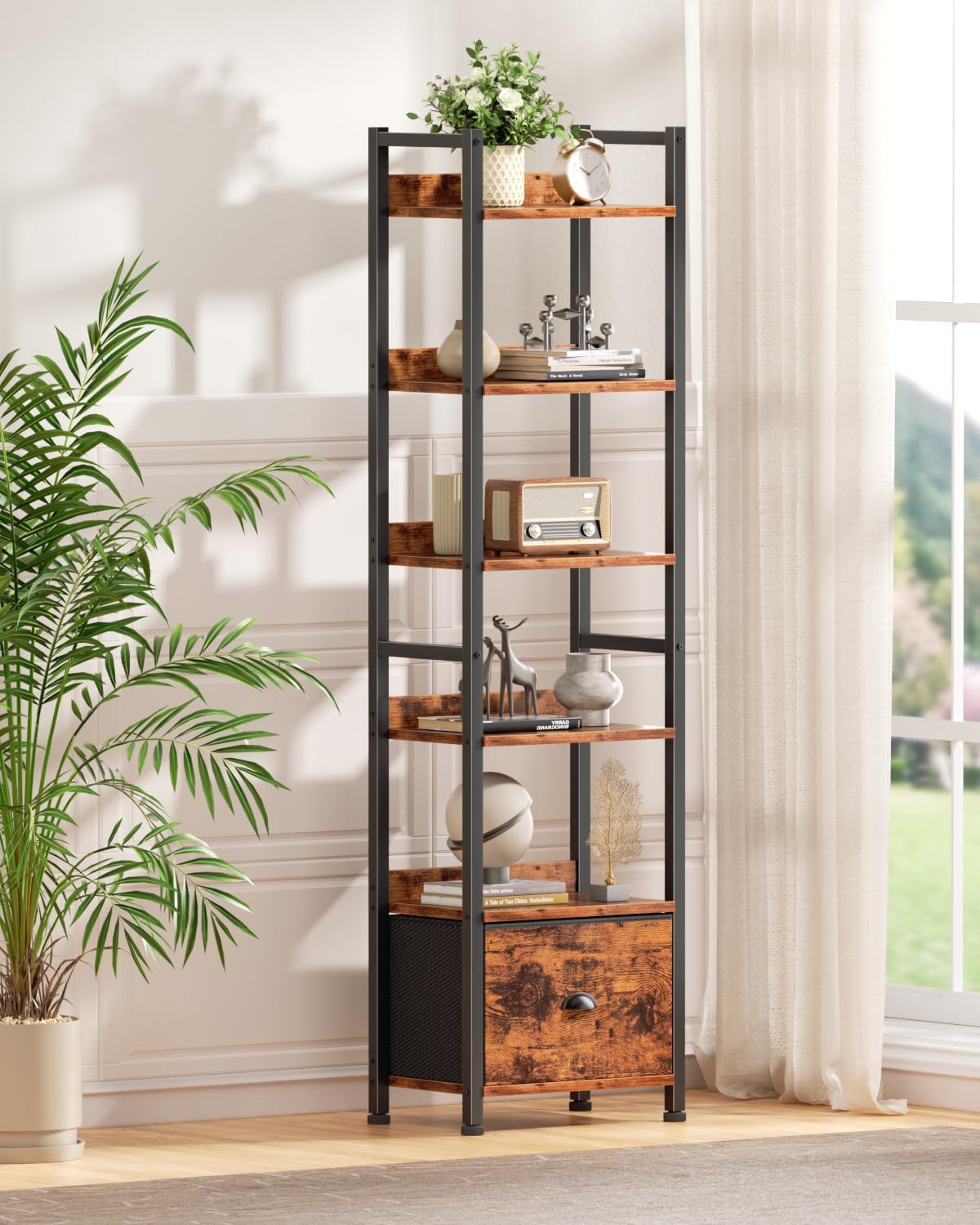 Qwatto Brown 6 Tier Bookshelf with Drawer Tall Industrial Wood Metal Freestanding Storage Display Shelves Etagere Bookcase Organizer for Home Office