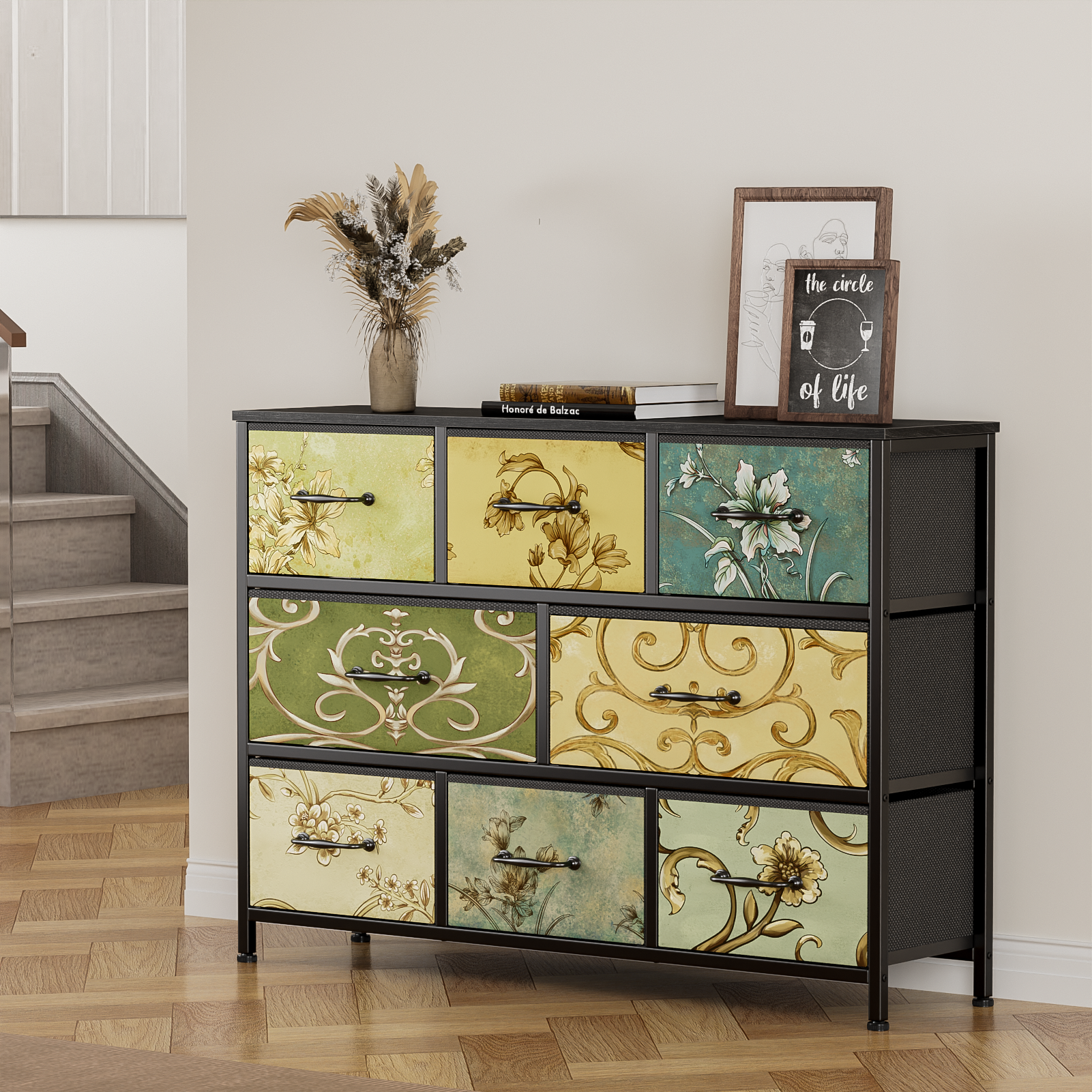 8 Drawer Wide Fabric Dresser Storage Chest Rustic Wood Top Industrial Metal Frame Organizer Unit Bedroom Living Room Closet Furniture
