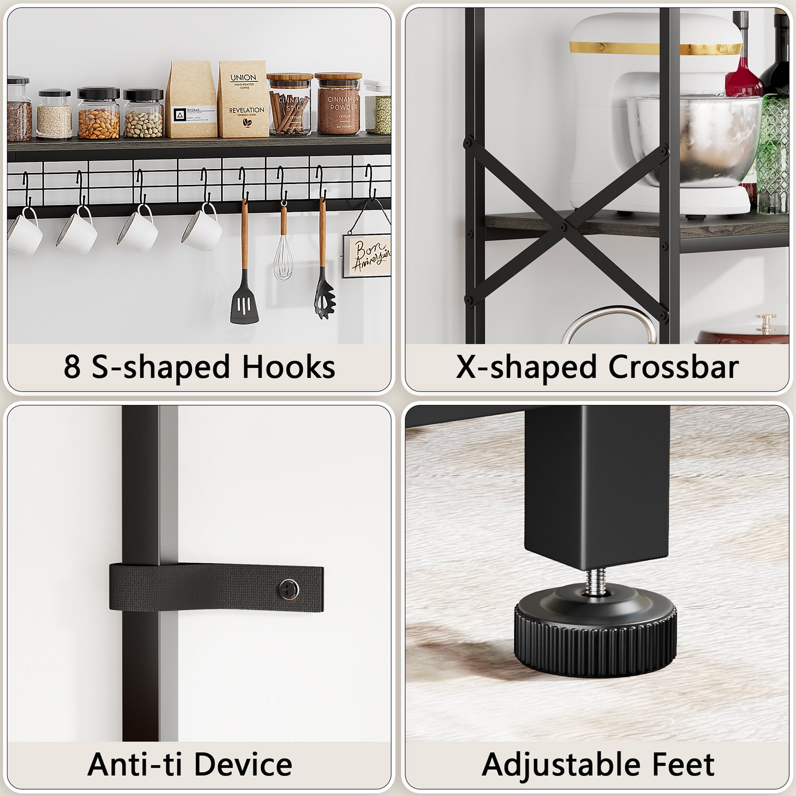 Qwatto Kitchen Bakers Rack with Power Outlets 31.5 Inch Coffee Bar Station 4 Tier Microwave Stand Storage Shelf with S Hooks Black Oak Utility Table