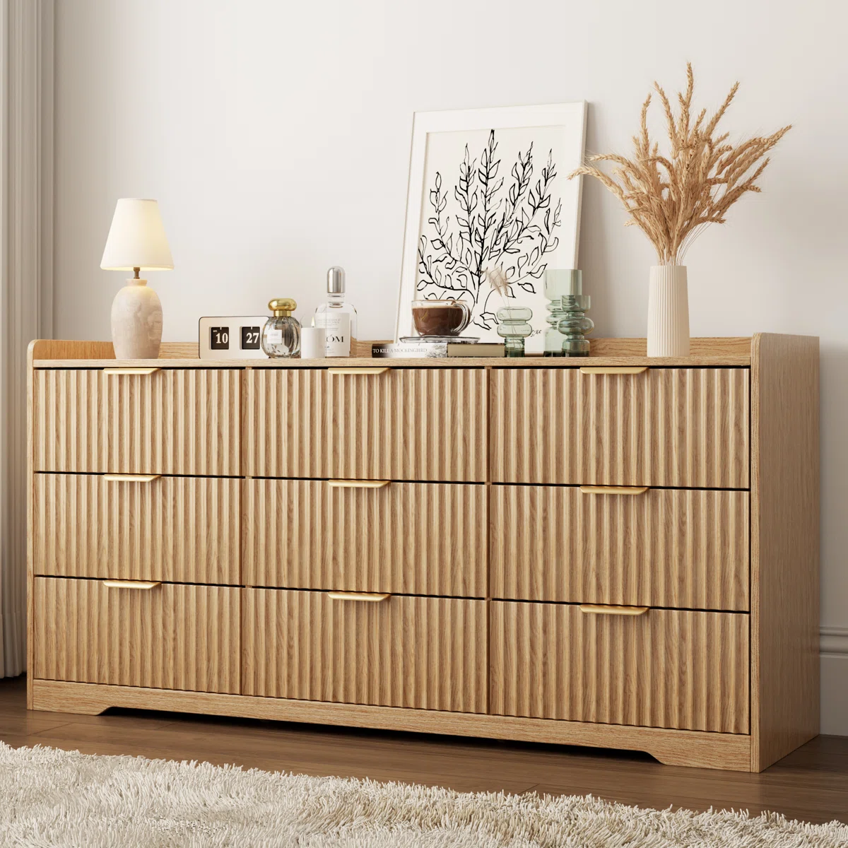 9 Drawer Dresser 57.9''w Wood Wide Chest Of Drawers With Metal Handle Organizer Wooden Cabinet with Anti-Tip Safety for Living Room Hallway entryway