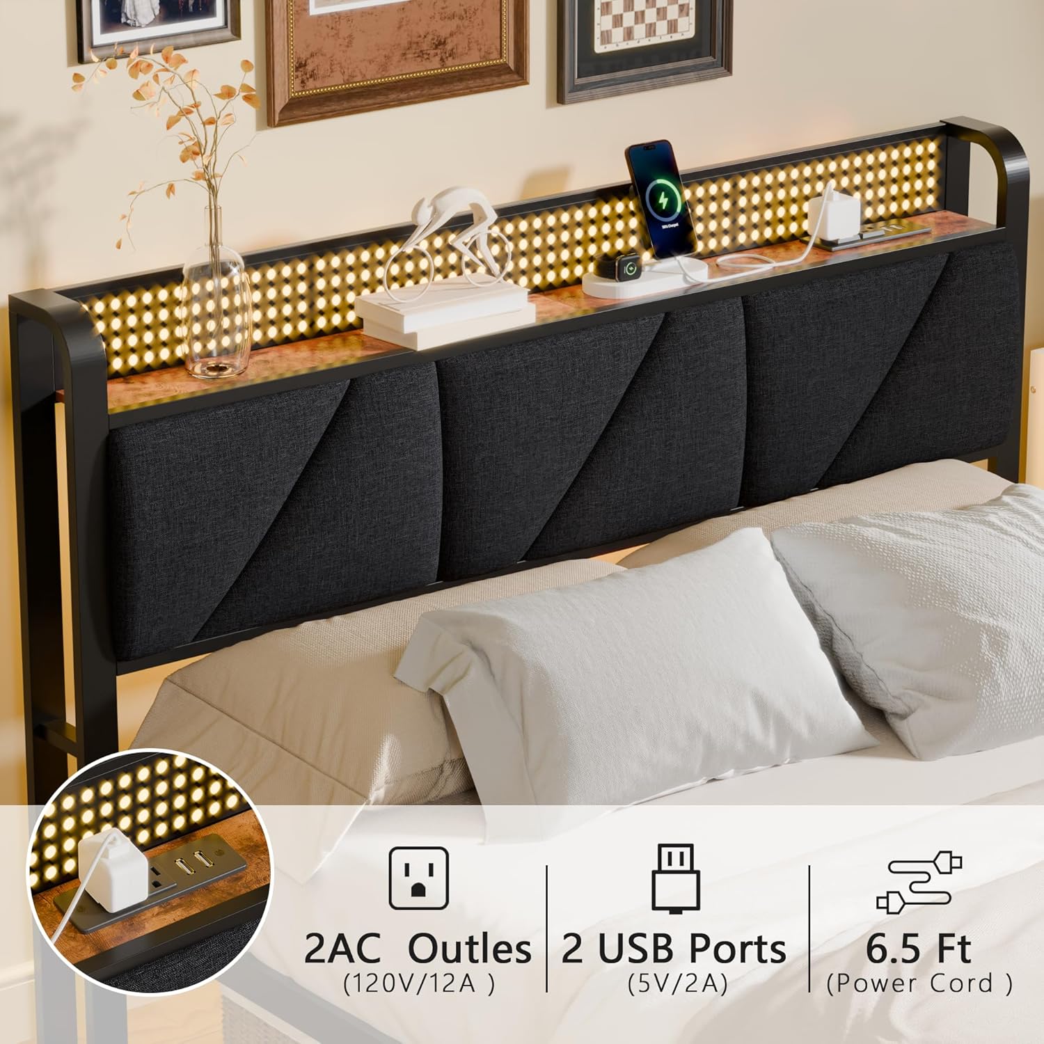 Furnulem Queen Size Bed Frame with Headboard and LED Lights, Upholstered Bedframe with Charging Station and USB Port No Box Spring Needed