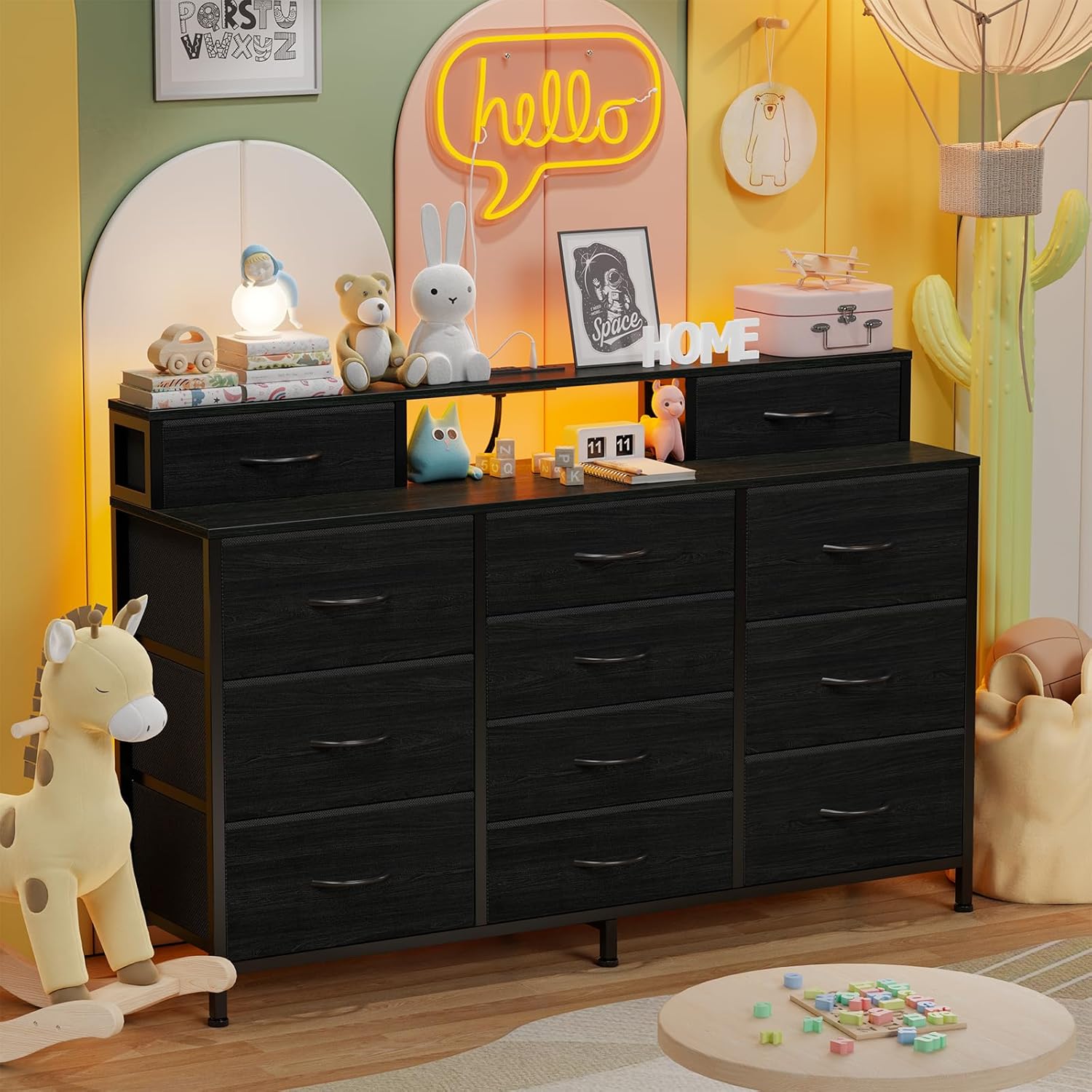 Furnulem 55" W Dresser for Bedroom with LED Lights and Power Outlets Black Large 12 Storage Drawers Long Fabric Chests Dressers with 2 Shelves