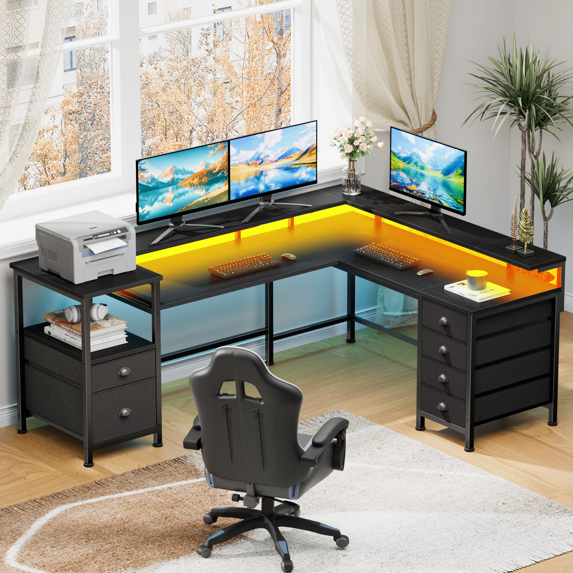 66 Inch Black L Shaped Gaming Desk with Charging Station Reversible Corner Computer Desk LED Lights 6 Drawers Monitor Stand Printer Shelf Storage