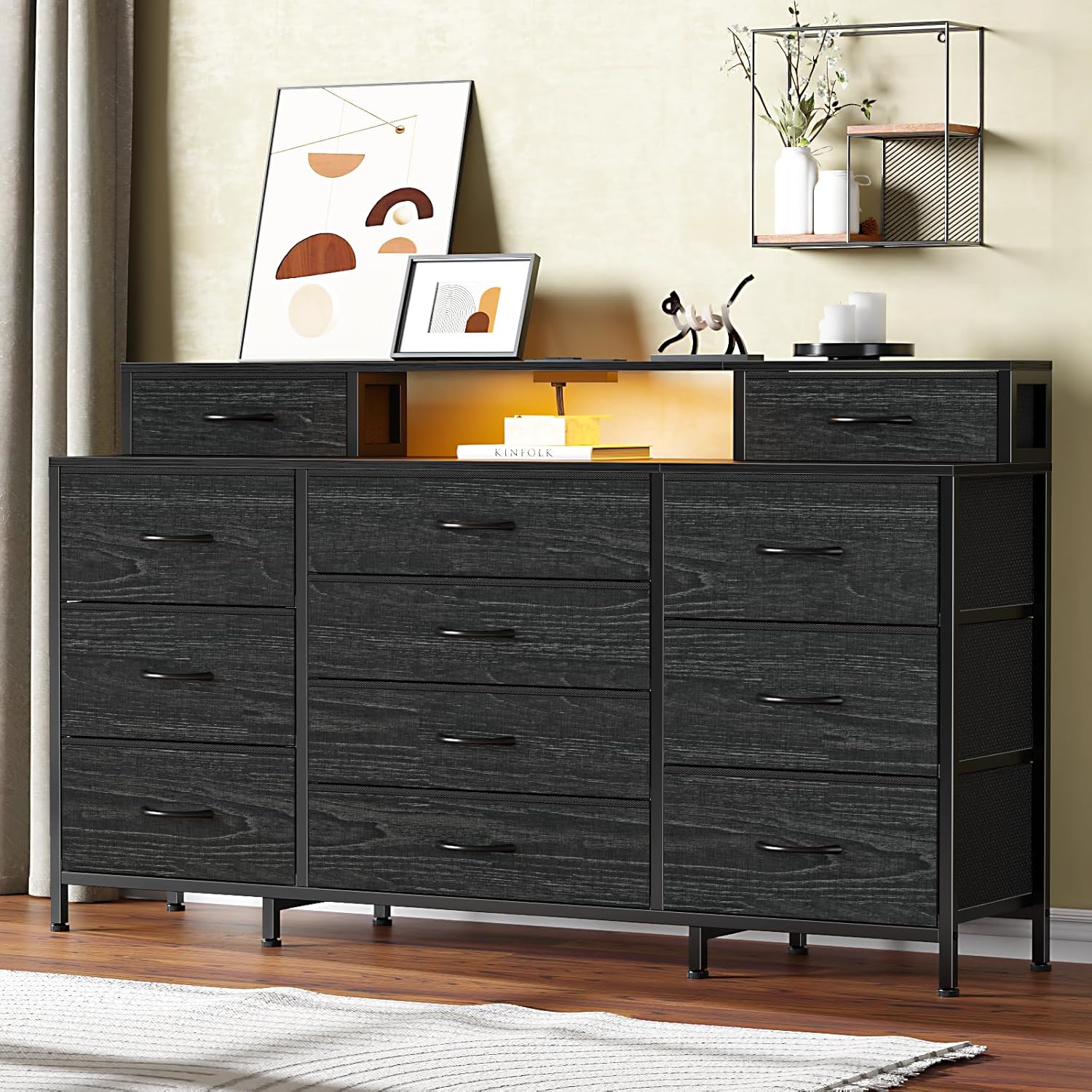 Furnulem 63" Dresser with LED, Outlets & 12 Drawers – Fabric Chest for Bedroom & Closet