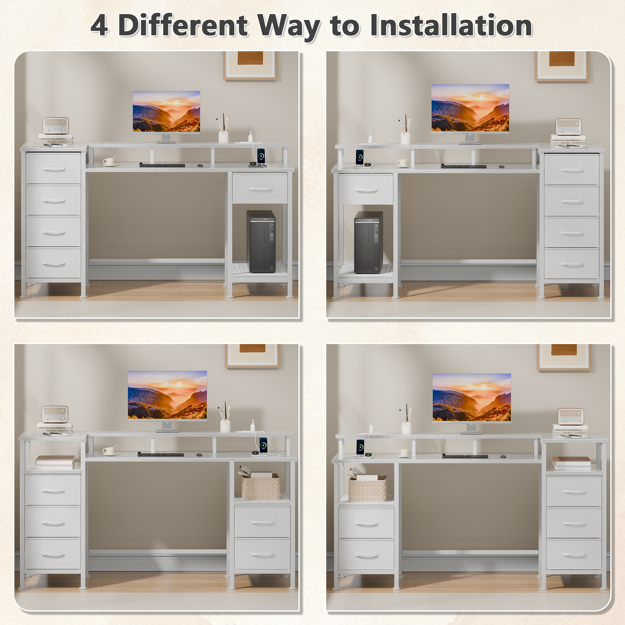 55 Inch White Computer Desk with Charging Station Reversible Gaming Desk LED Lights Fabric Drawers Home Office Writing Table Bedroom Study Storage