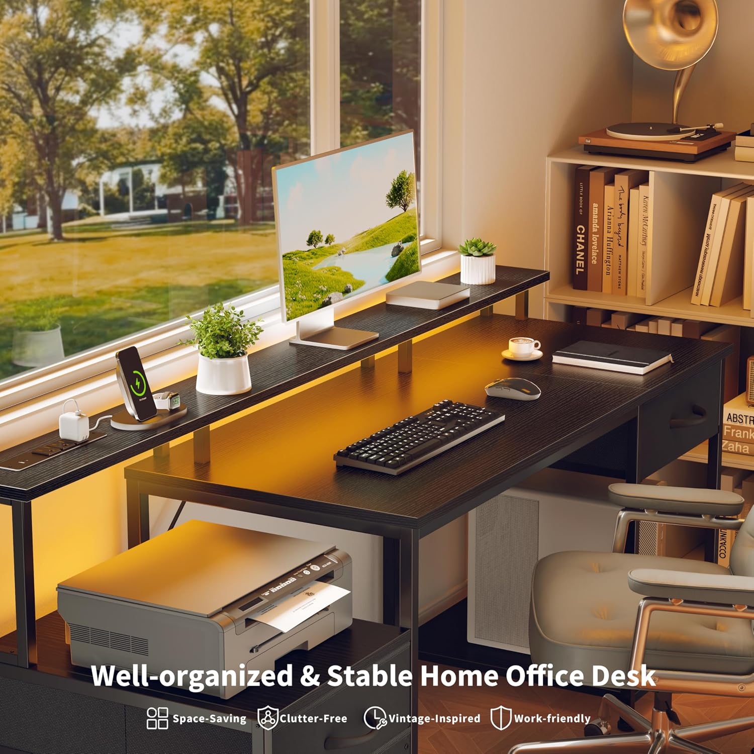 Qwatto 55" Black Computer Desk with 3 Adjustable Drawers and Monitor Stands Home Office Writing Workstation Gaming Table with Multi Storage Shelving