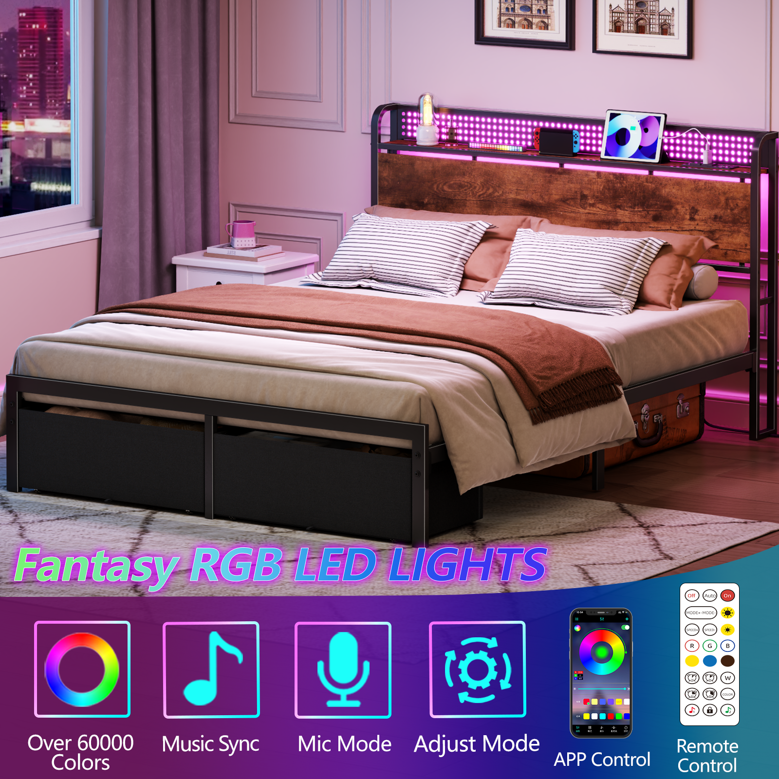 Furnulem Full Size Bed Frame with Headboard Storage Platform Bed Frame Full Size Charging Station and LED Lights