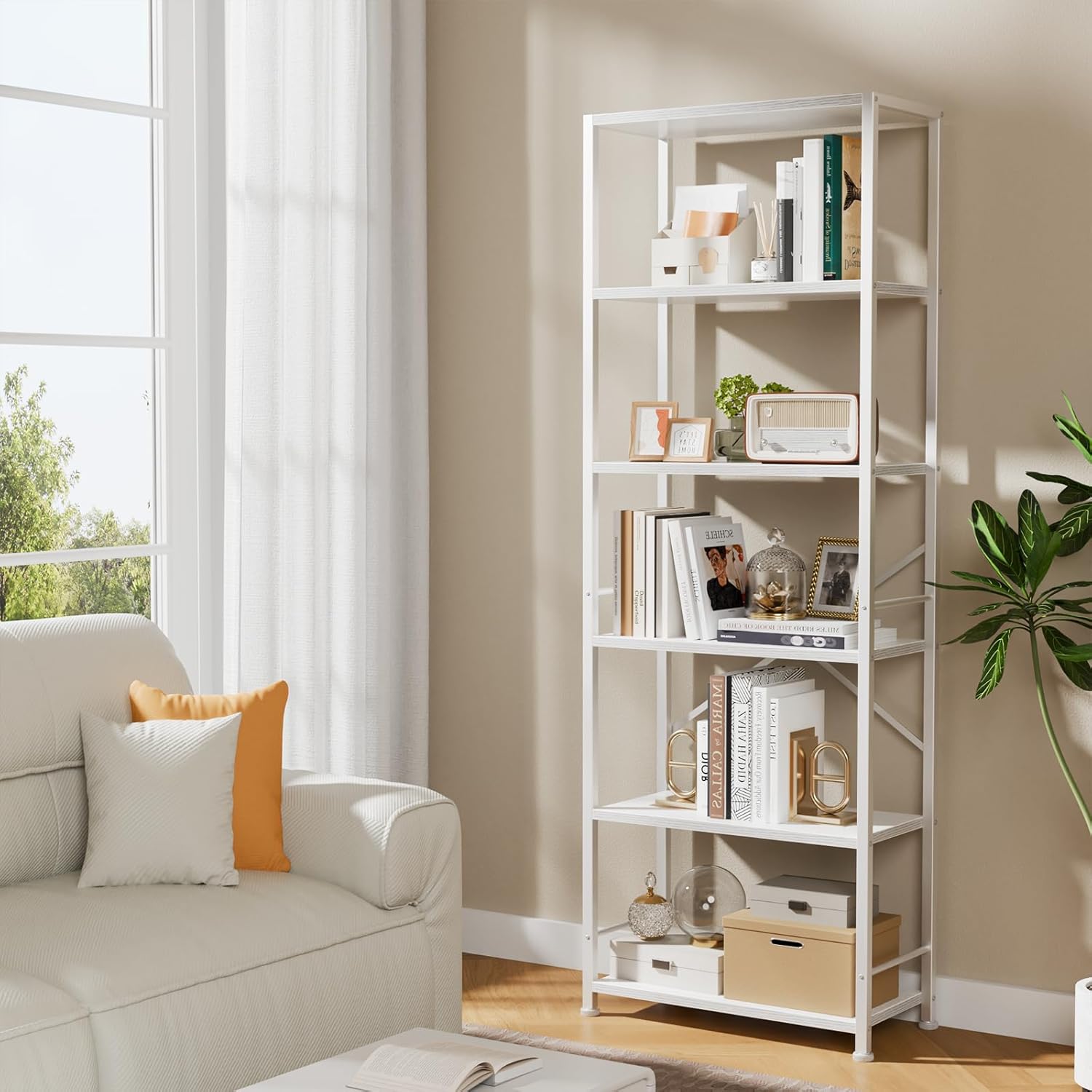 Qwatto 6 Tier Bookshelf Tall Wide Wood and Metal Open Bookcase Modern Storage Organizer Display Shelving Unit White Furniture Living Room Home Office