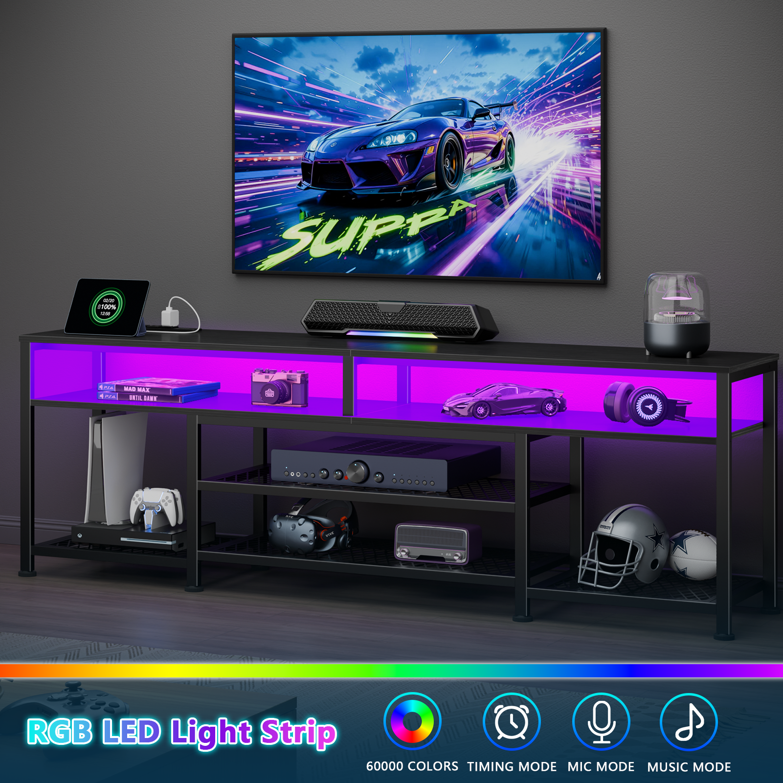 71 Inch Black TV Stand with Charging Station LED Lights Entertainment Center for TVs up to 80 Inch Media Console Storage Modern Living Room Bedroom
