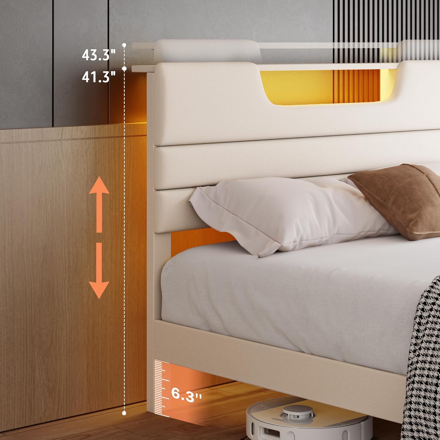 Queen Size Bed Frames with Upholstered Headboard Modern Platform Bed with Bed Frame with Sturdy Wooden Slats/No Box Spring Needed/2-Tier Storage Beige