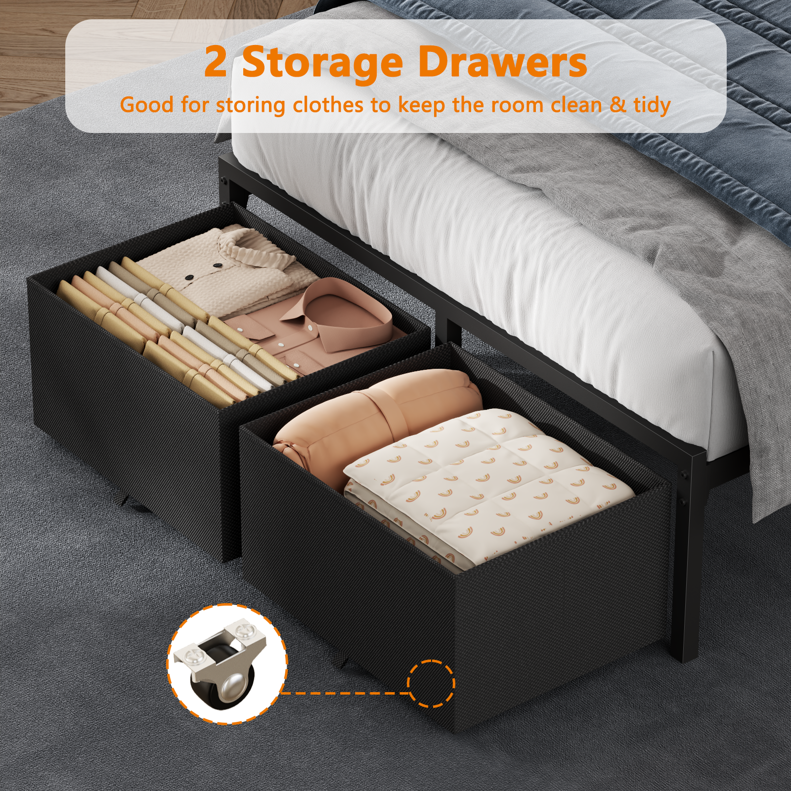 Black Twin Size Bed Frame with Charging Station LED Lights 2 Storage Drawers Headboard Shelf Industrial Metal Heavy Duty No Box Spring Needed