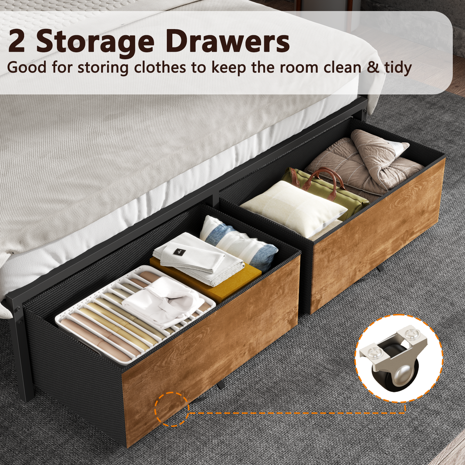 Full Size Bed Frame with Wood Headboard Metal Platform Bed with 2 Storage Drawers Shelf Built in Charging Station LED Lights No Box Spring Needed