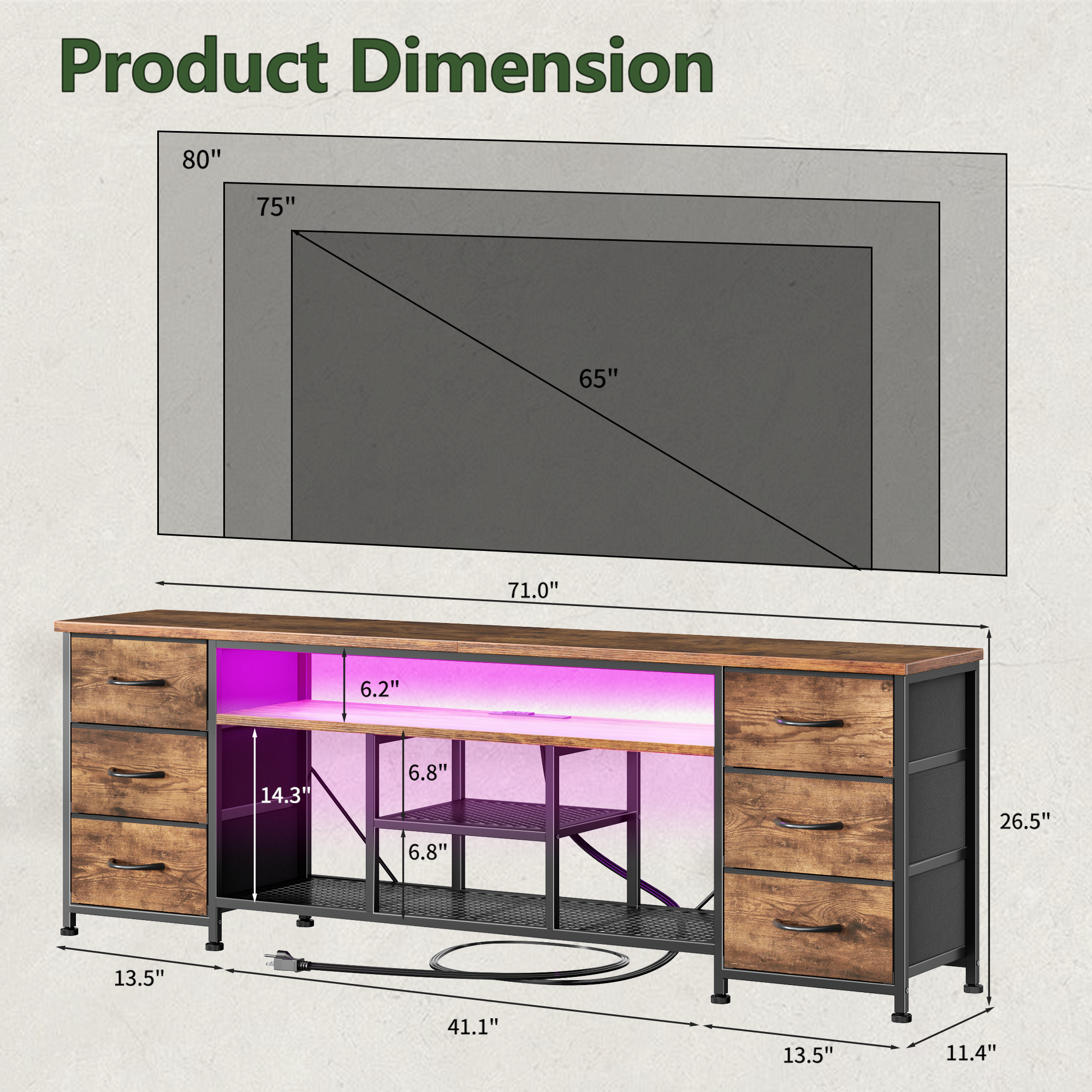 71 Inch Brown TV Stand Dresser with Charging Station LED Lights 6 Fabric Drawers PU Leather Media Console for TVs up to 80 Inch Bedroom Storage