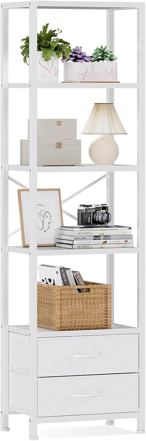 5-Tier Corner Shelf,Tall Narrow Bookshelf with Drawers,White