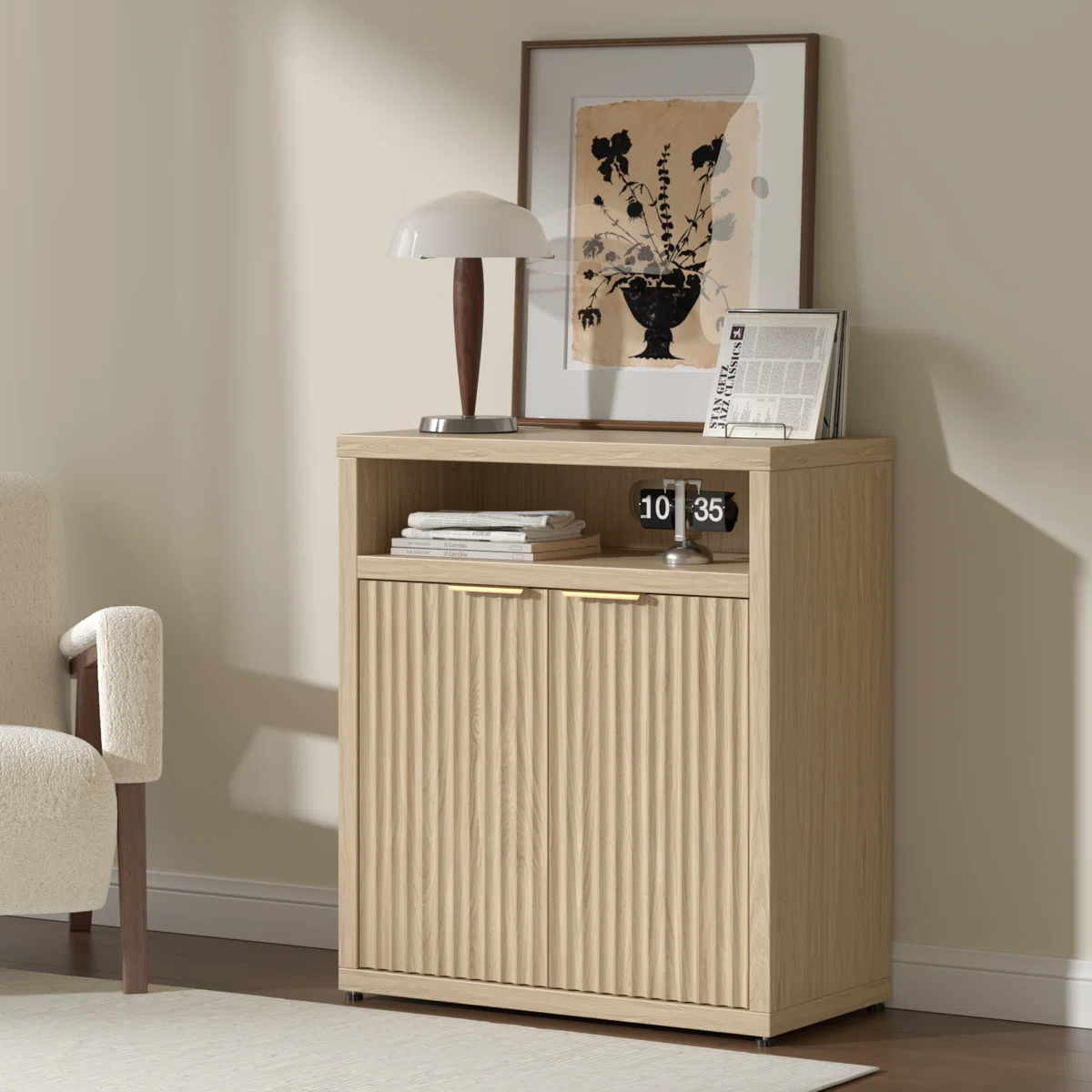 Fluted Sideboard Buffet Cabinet with Storage with 2 Doors and Adjustable Shelves Small Wood Coffee Buffet Table for Living Room Dining Room Entryway