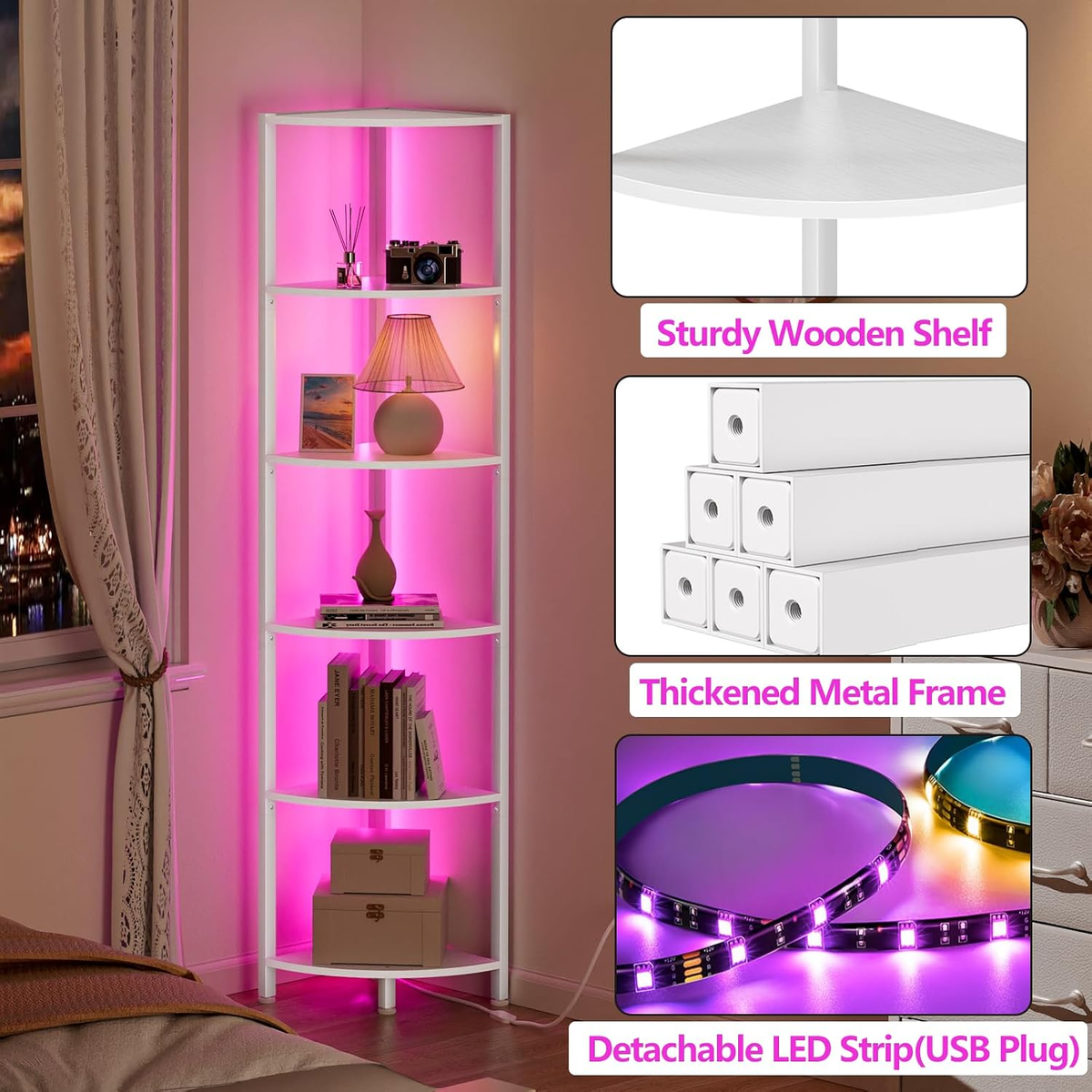 6 Tier Corner Shelf with LED Light, 67.5" White Narrow Bookshelf