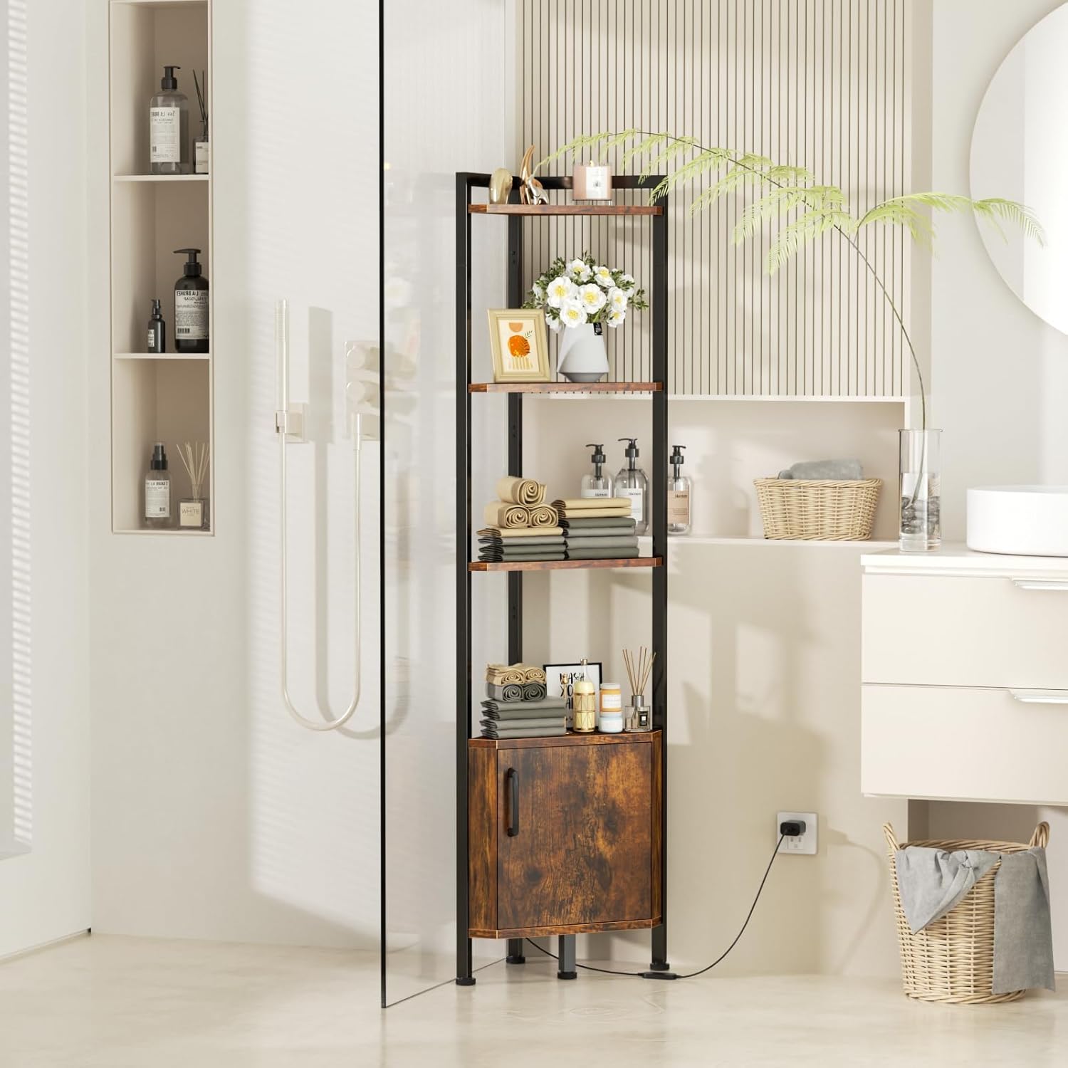 Furnulem 5-Tier Corner Shelf with LED Light, Standing Display Bookshelf with Storage for Bedroom, Living Room, Kitchen
