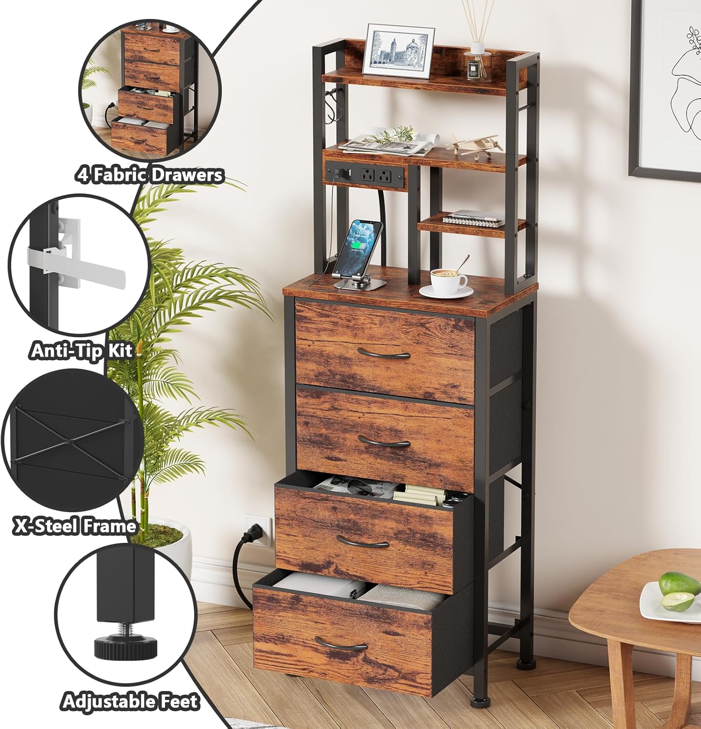 Qwatto Bedside Table with Charging Station and USB Port 4 Drawer Tall Nightstand with Shelves for Bedroom Dorm Wood Metal End Table Brown Finish