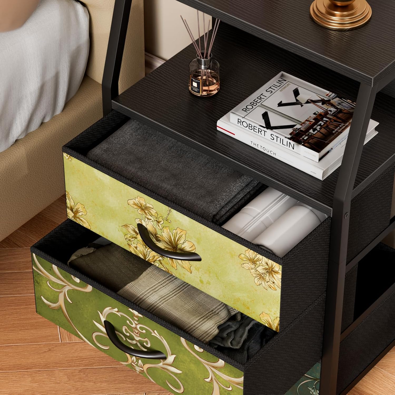 Furnulem Retro Nightstand with 3 Drawers & 2-Tier Shelf – Vintage Side Table for Bedroom or Closet