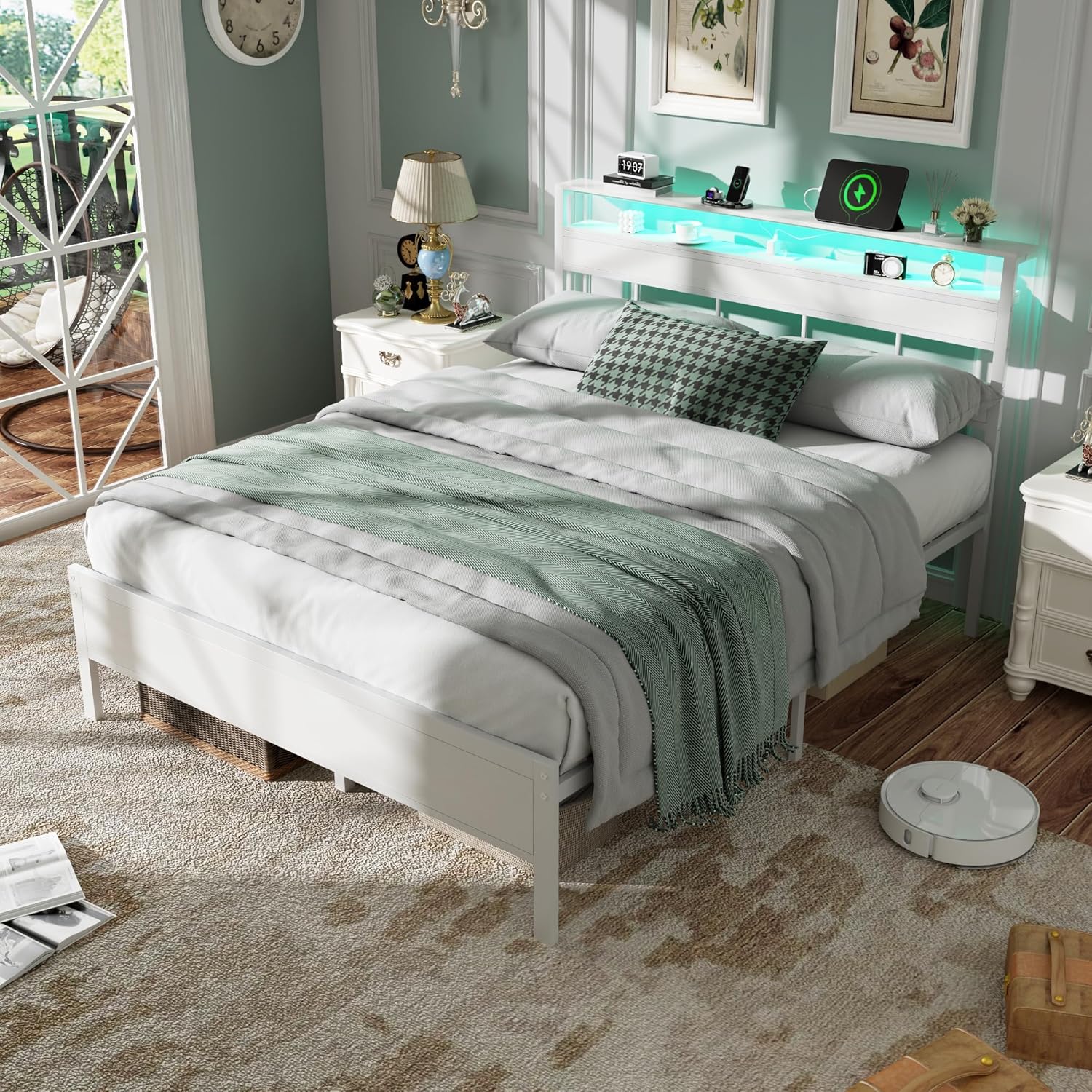Queen Bed Frame with Storage Headboard and LED Lights Metal Bedframe with Charging Station and USB Port Platform Bed with Heavy Duty Slats White