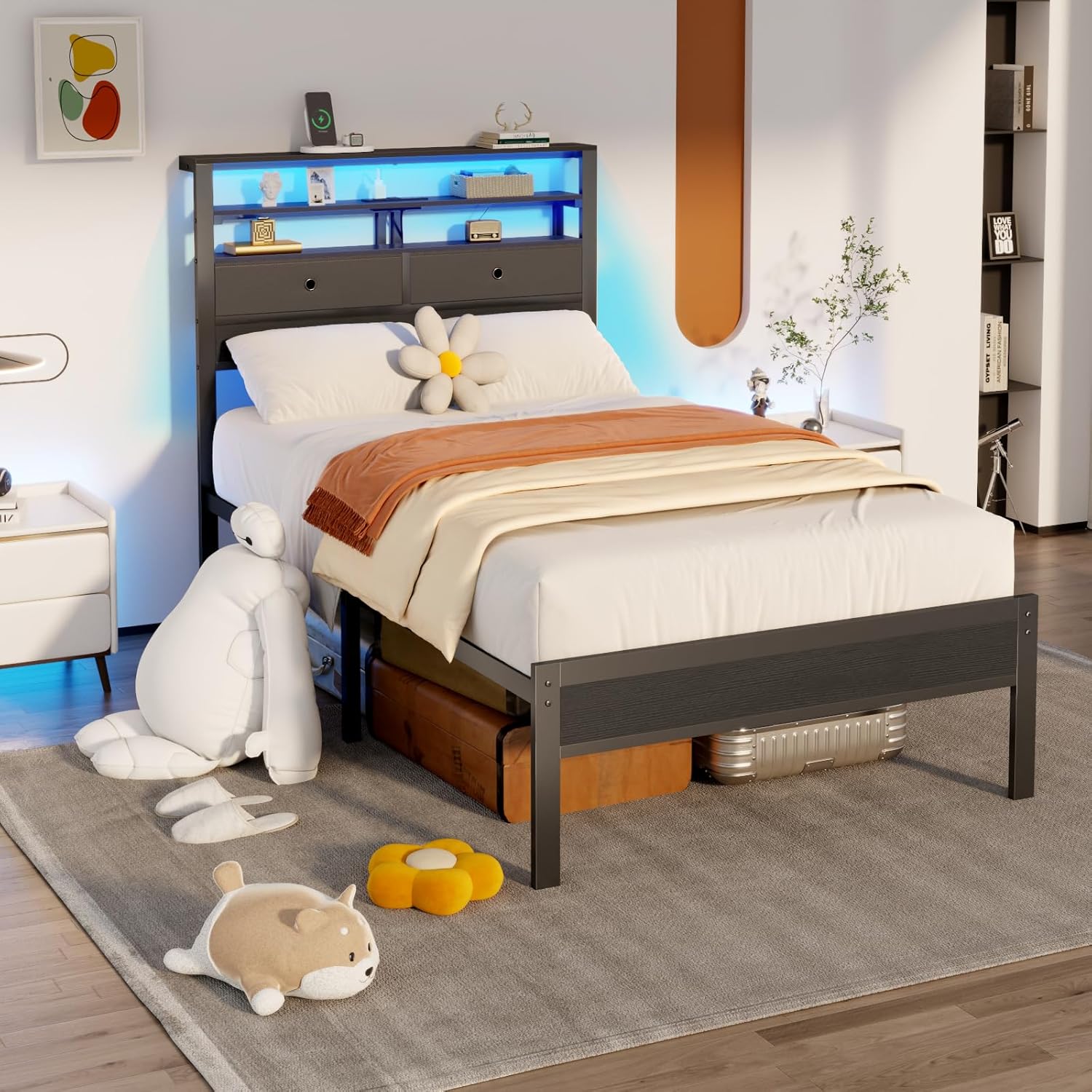 Furnulem Twin Bed Frames with Charging Station and LED Lights Wood Headboard with 2 Fabric Drawers and Storage Shelves Platform Bed with Metal Slats