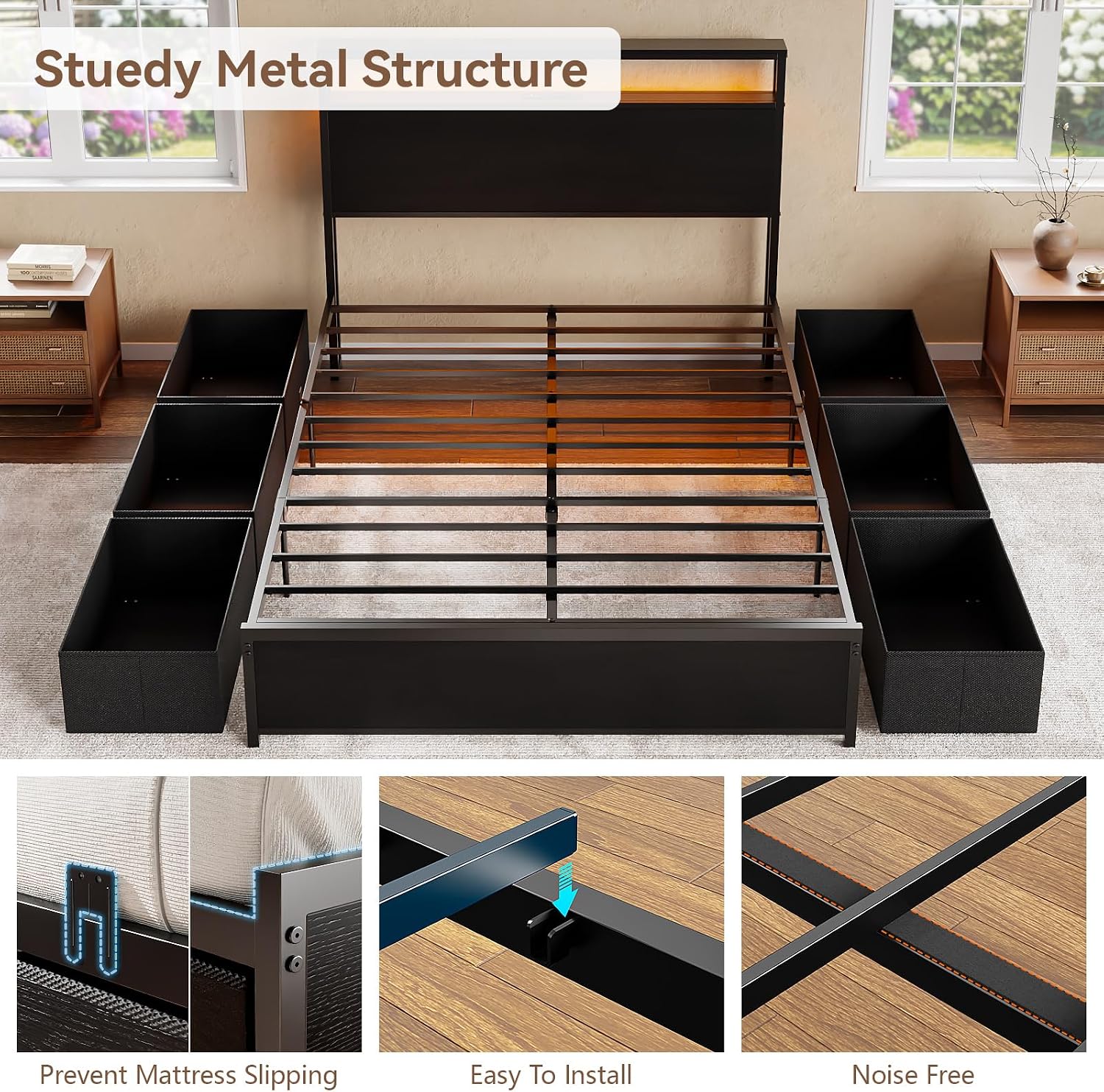 Qwatto Queen Bed Frame 6 Drawers Storage Headboard LED Lights Charging Station Metal Platform Bed Black No Box Spring Needed Noise Free 2 Tier USB Shelf