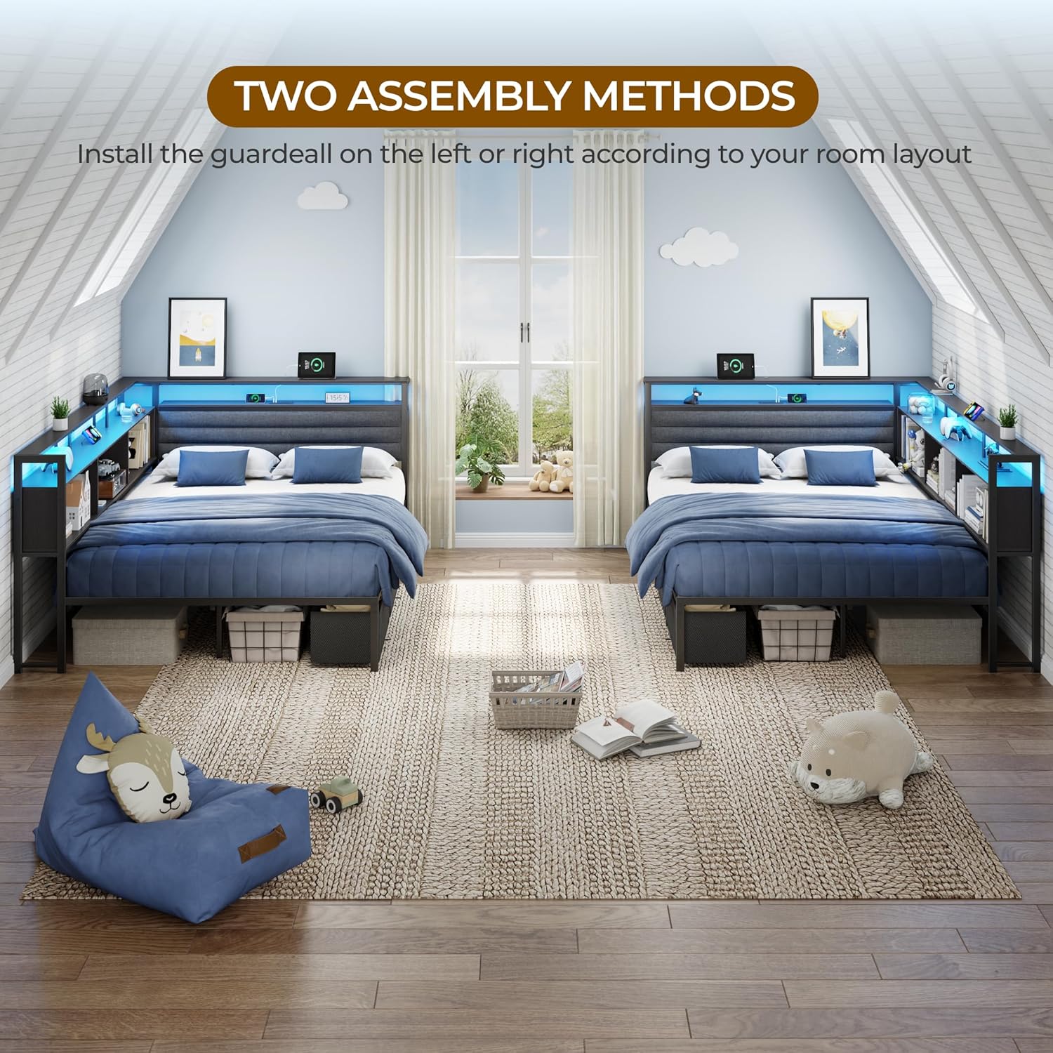 Furnulem Full Size Bed Frame with Headboard and Storage Drawers Full Metal Platform Corner Bed Frame with Charging Station and LED Lights