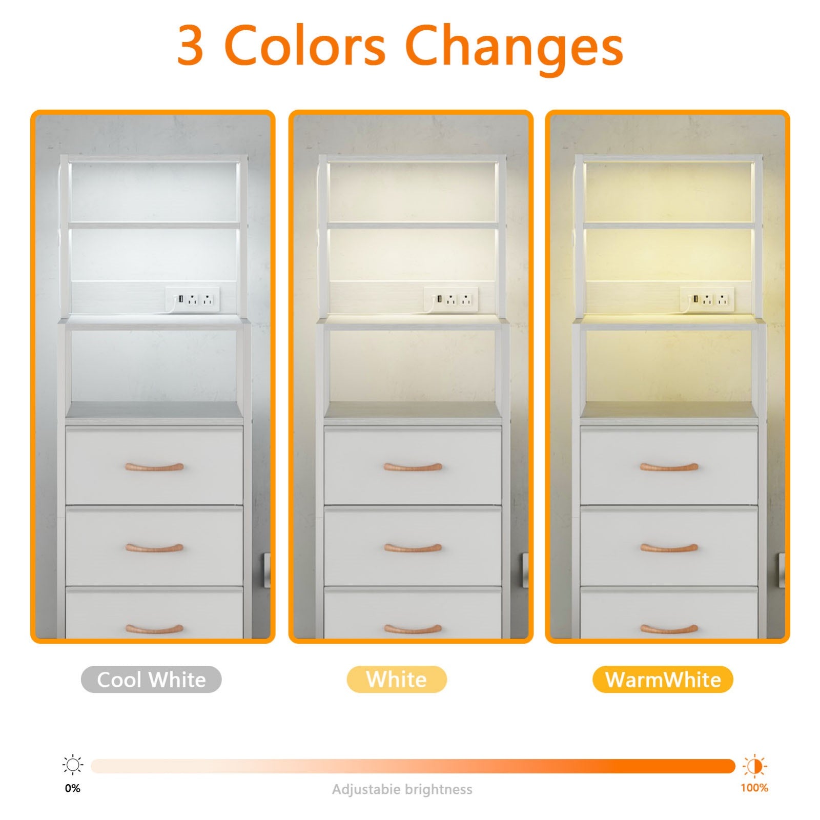 Furnulem Night Stand, Tall Nightstand with 4-Tier Shelves and 3 Fabric Drawers