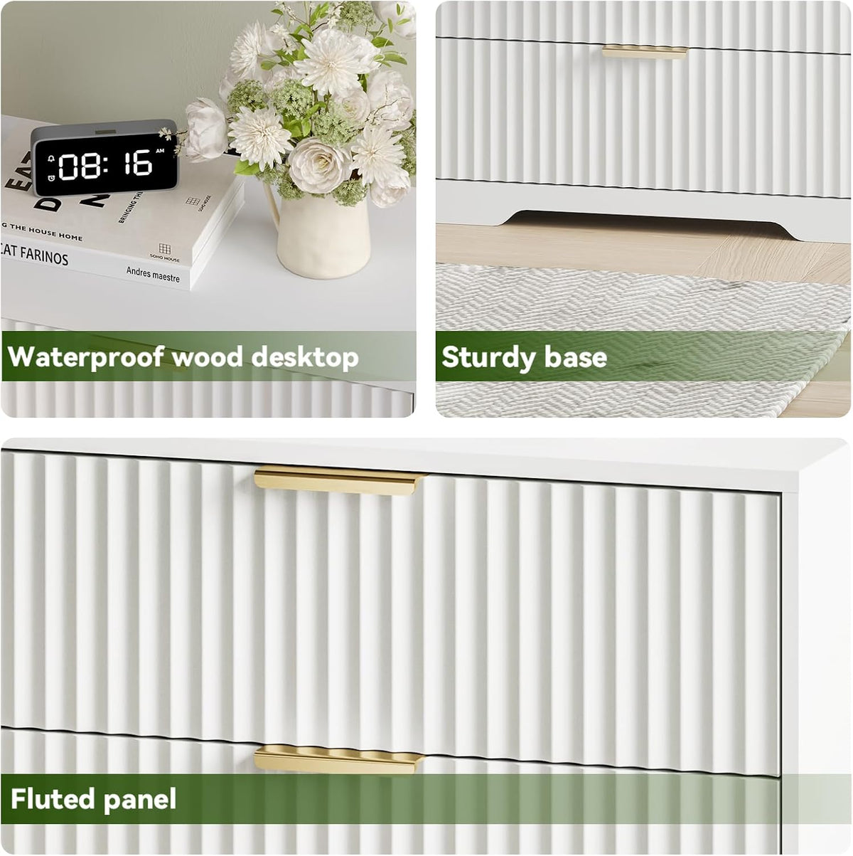 27-in Wide Fluted Night Stand 3 Drawers Large End Table with Storage White Nightstand Wood Bedside Tables Farmhouse Cabinet Dresser for Bedroom Closet