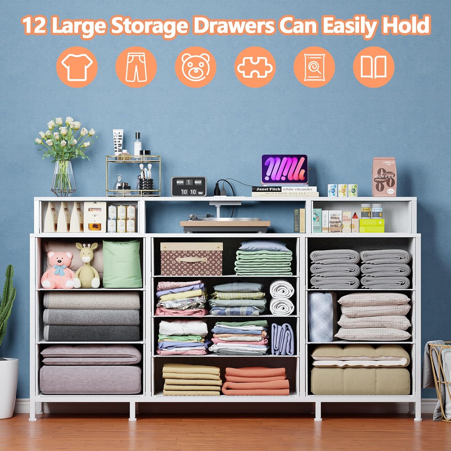 Furnulem 63" Dresser with LED & Outlets – 12 Drawers & 2 Shelves