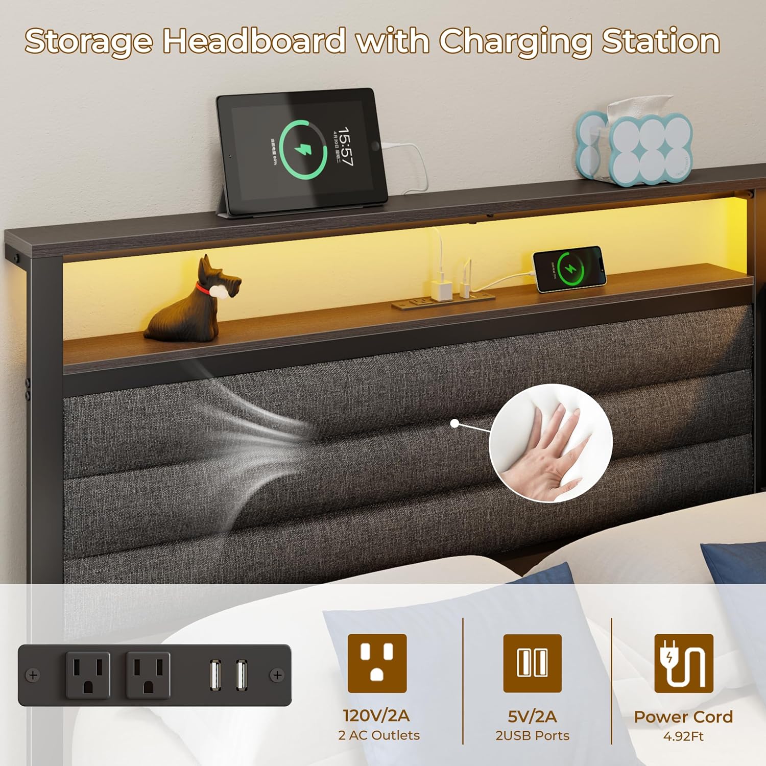 Corner Bed Frame with Storage Bookcase and LED Lights, Twin Size Bed Frames with Upholstered Headboard and Charging Station bed with 3 Storage Drawers