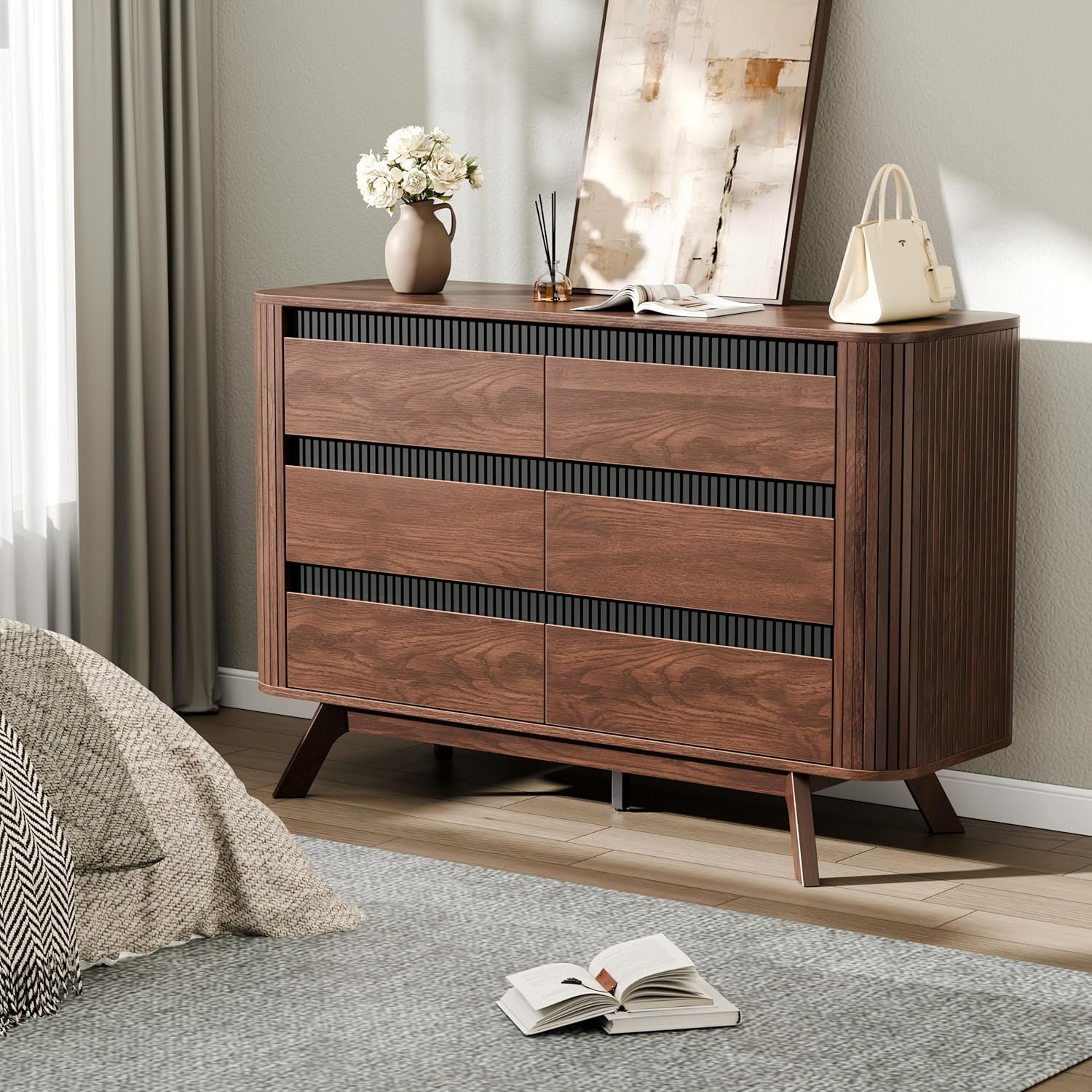 Qwatto 47.2" Mid Century 6 Drawer Dresser Walnut Fluted Chest of Drawers Modern Curved Profile Storage Organizer Bedroom Hallway Wide Clothes Dresser
