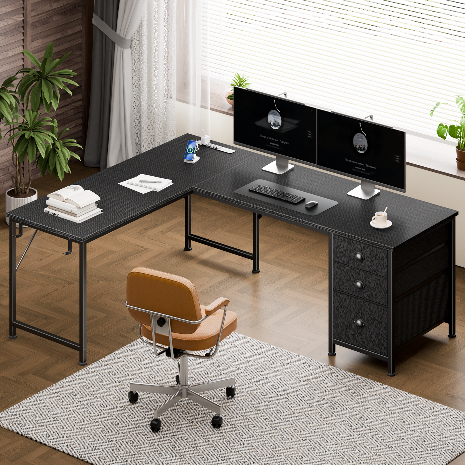 Qwatto 63 Inch L Shaped Gaming Desk Black Computer Corner Table with Power Outlets USB C Ports File Fabric Drawers Large Storage for Writing Bedrooms