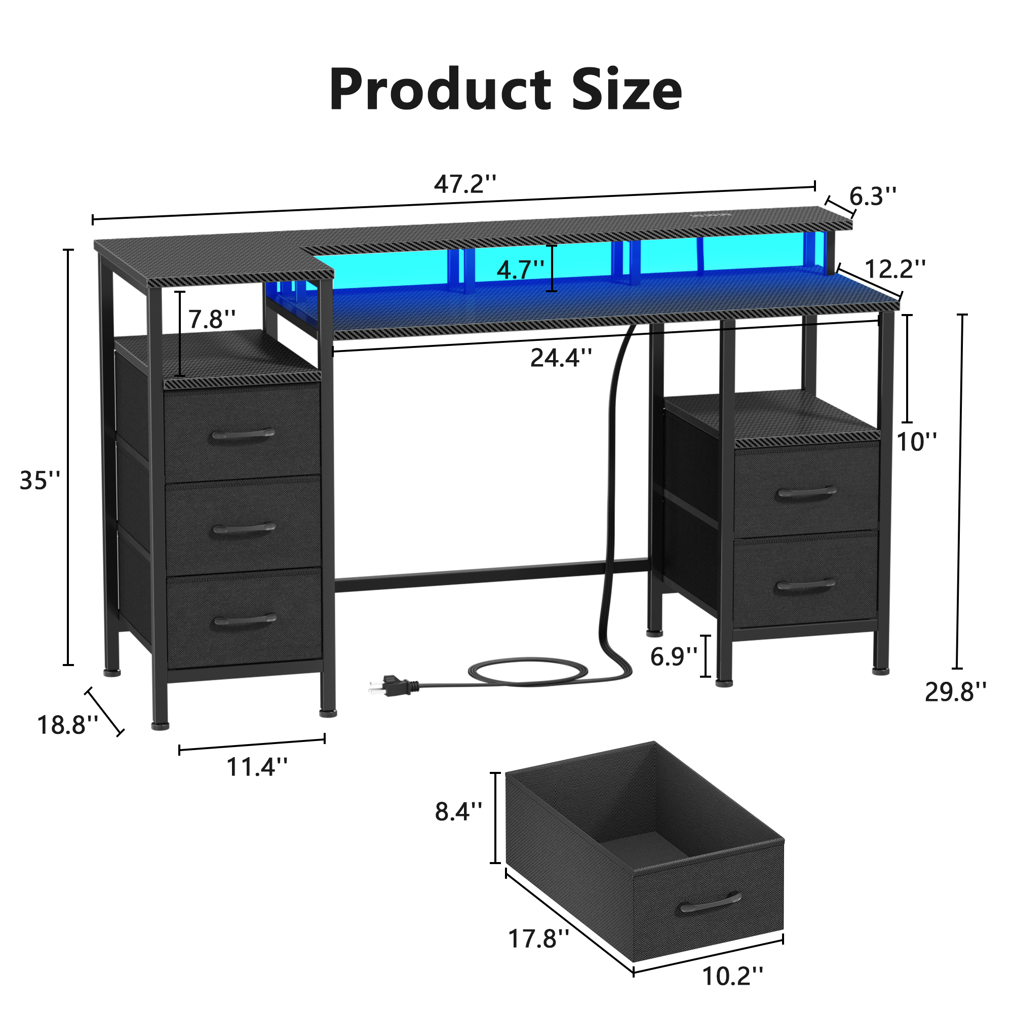 47 Inch Carbon Fiber Black Gaming Desk with Charging Station LED Lights Reversible Computer Desk 5 Fabric Drawers Home Office Writing Study Table