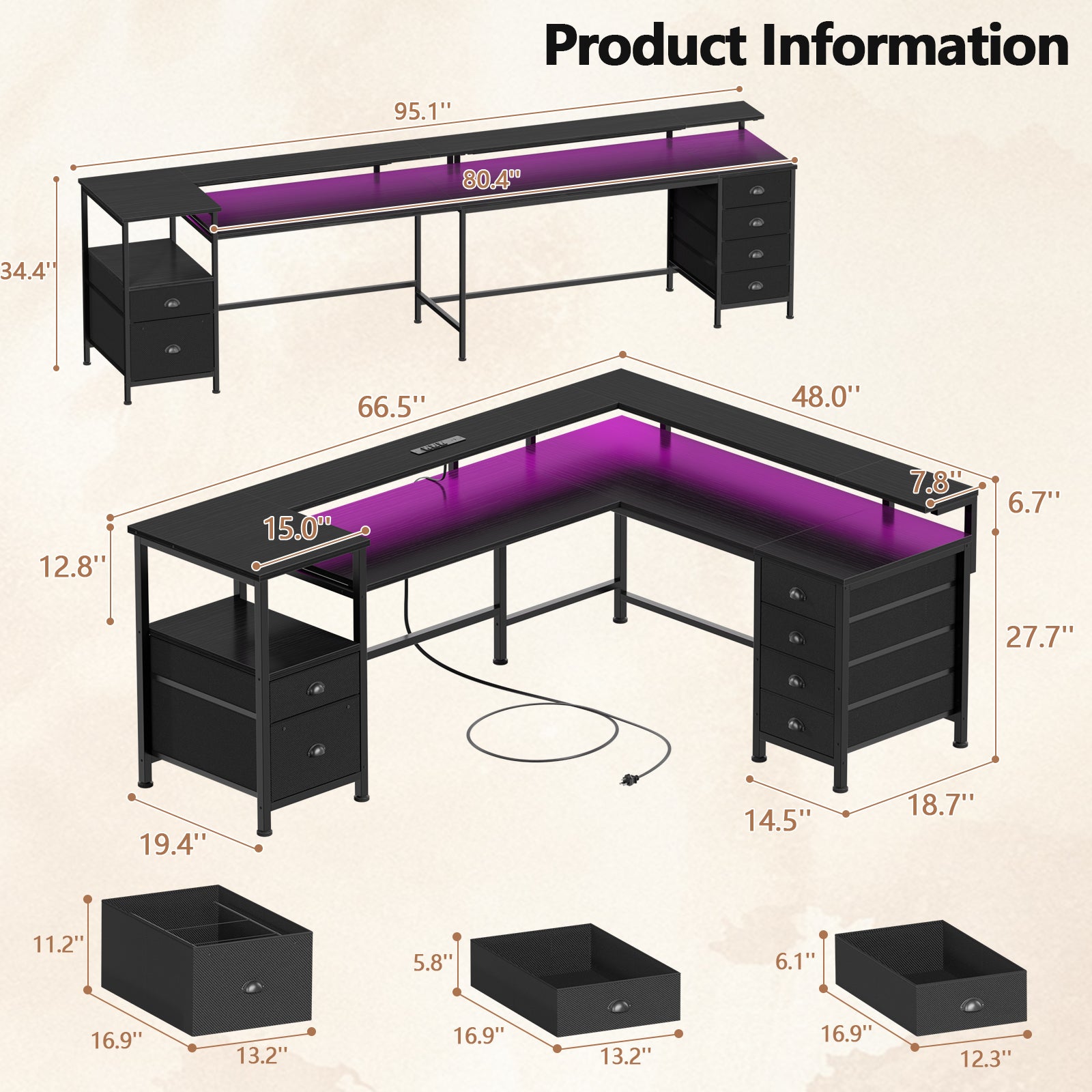 66 Inch Black L Shaped Gaming Desk with Charging Station Reversible Corner Computer Desk LED Lights 6 Drawers Monitor Stand Printer Shelf Storage